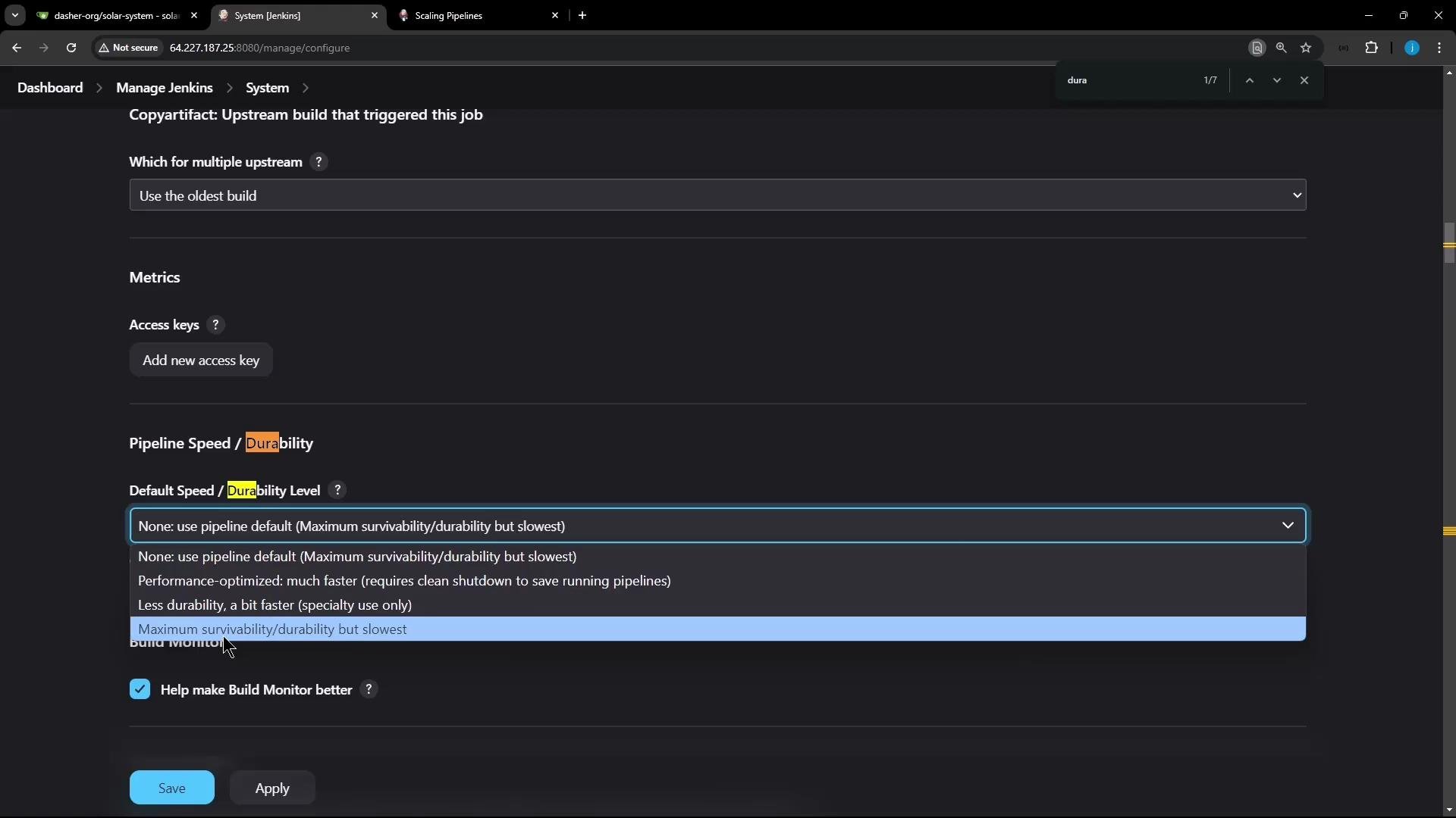 A screenshot of a Jenkins "Manage Jenkins > System" configuration page in dark mode showing the "Pipeline Speed / Durability" section with a dropdown open listing durability options (highlighting "Maximum survivability/durability but slowest"). The page also shows sections for Copyartifact upstream build selection, access keys, and Save/Apply buttons.