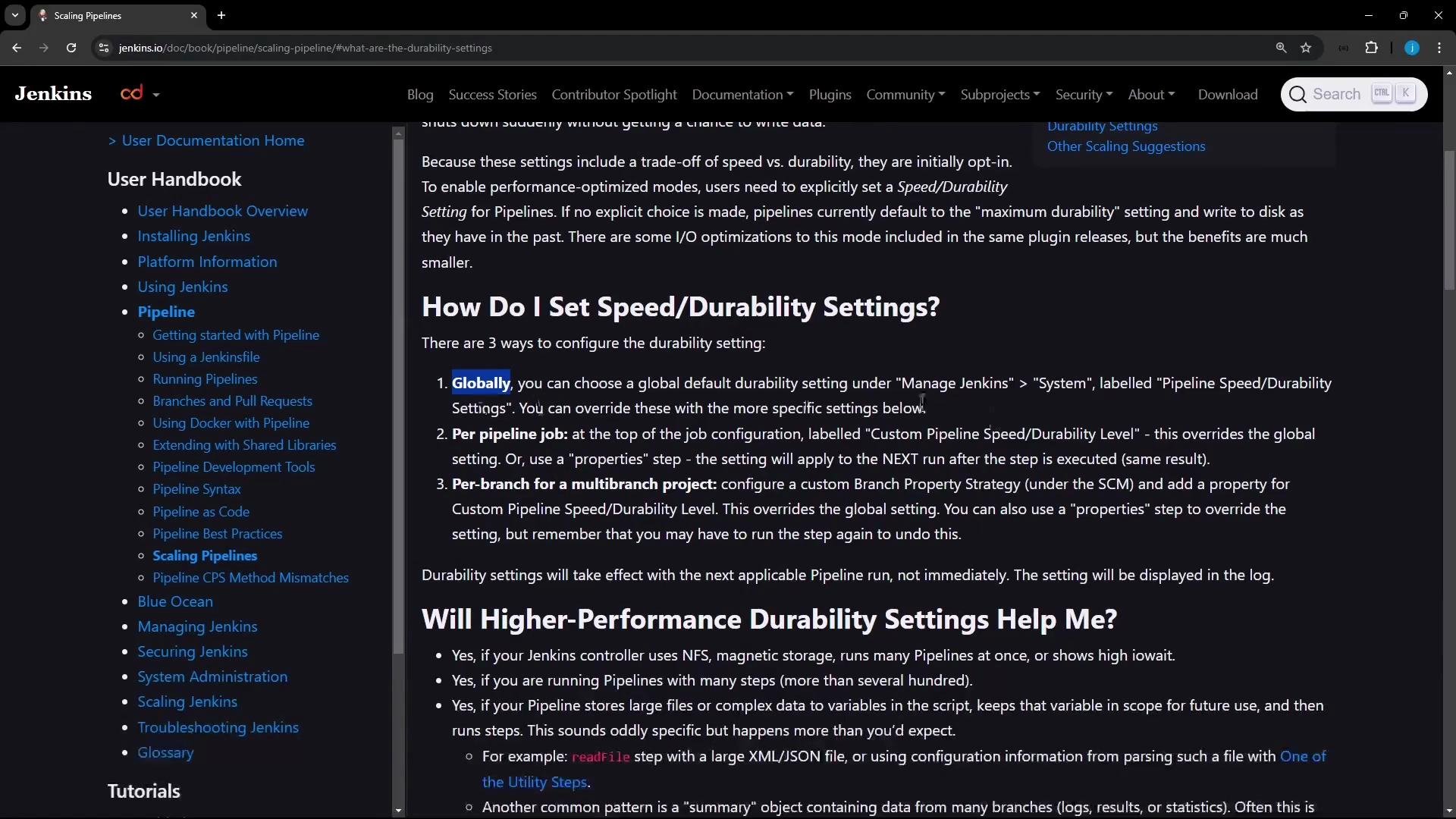 A screenshot of the Jenkins documentation page titled "How Do I Set Speed/Durability Settings?" showing numbered configuration options and explanatory text. A dark-themed site layout is visible with a "User Handbook" navigation sidebar on the left.