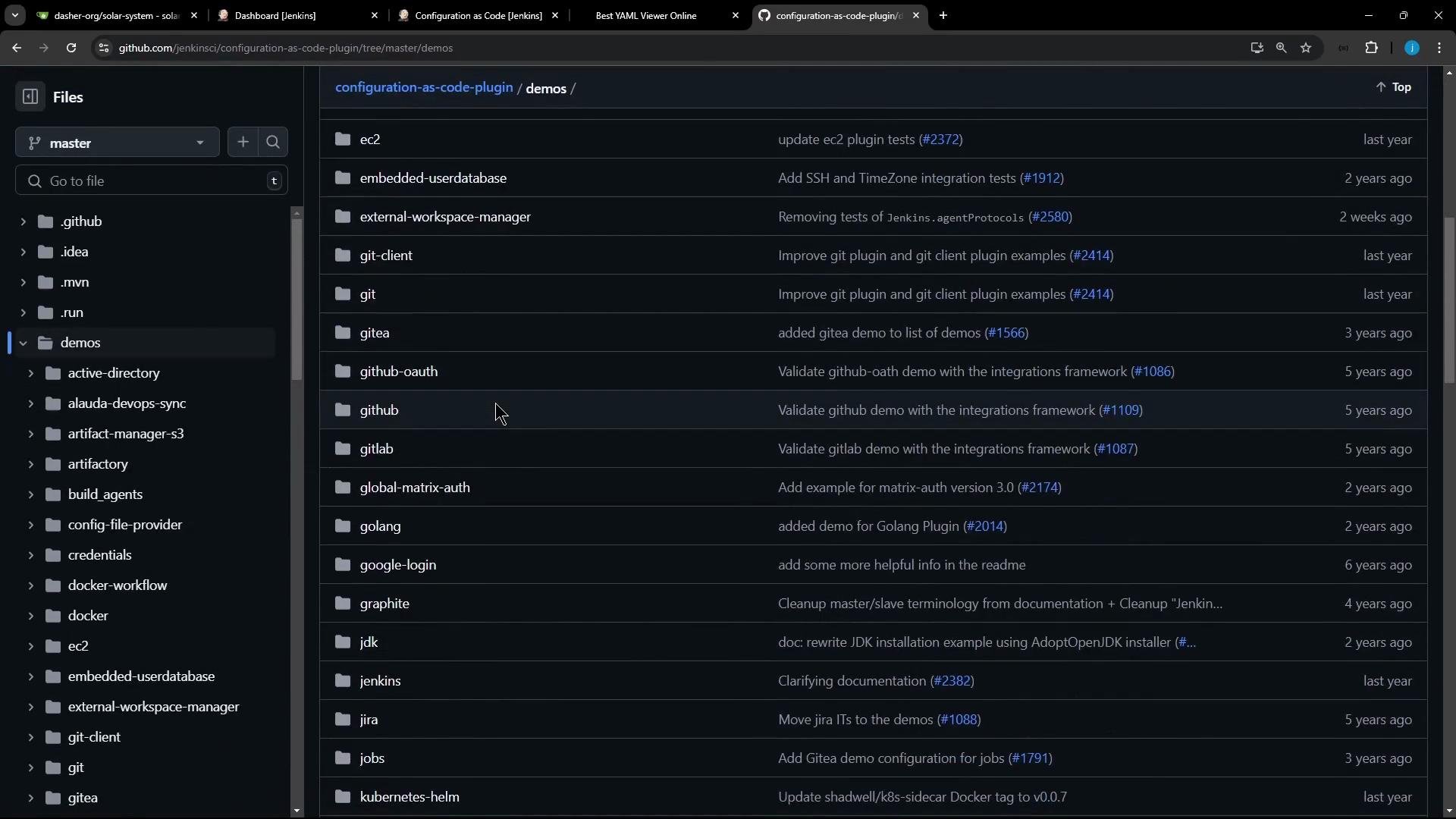 A dark-themed GitHub repository view showing the "configuration-as-code-plugin" demos directory with a list of demo subfolders and recent commit messages on the right. A file tree and navigation sidebar are visible on the left.