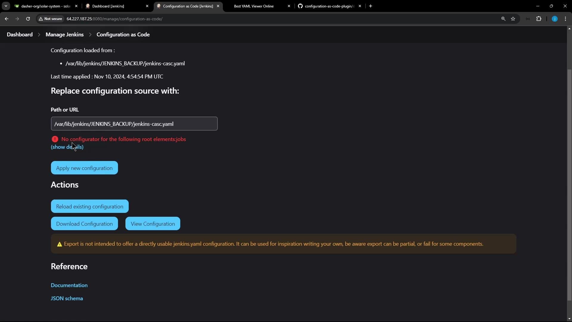 A screenshot of the Jenkins "Configuration as Code" admin page showing the config source path (/var/lib/jenkins/JENKINS_BACKUP/jenkins-casc.yaml) and a red error: "No configurator for the following root elements: jobs." The page also shows buttons to apply, reload, download, and view configuration.