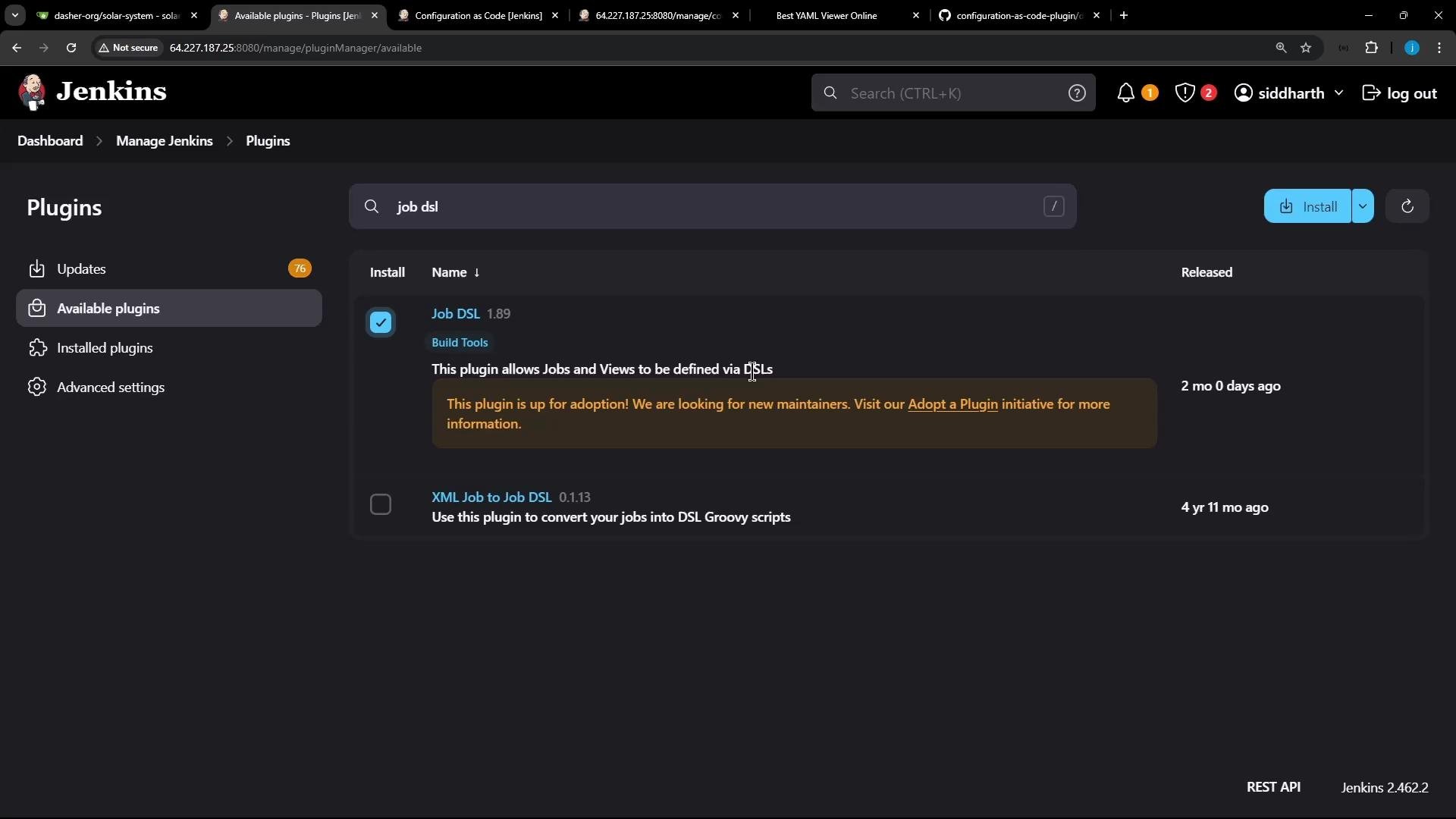 A screenshot of the Jenkins "Plugins" management page showing the "Available plugins" view with "Job DSL" selected. The plugin details (version, description and an adoption notice) and install controls are visible in the UI.