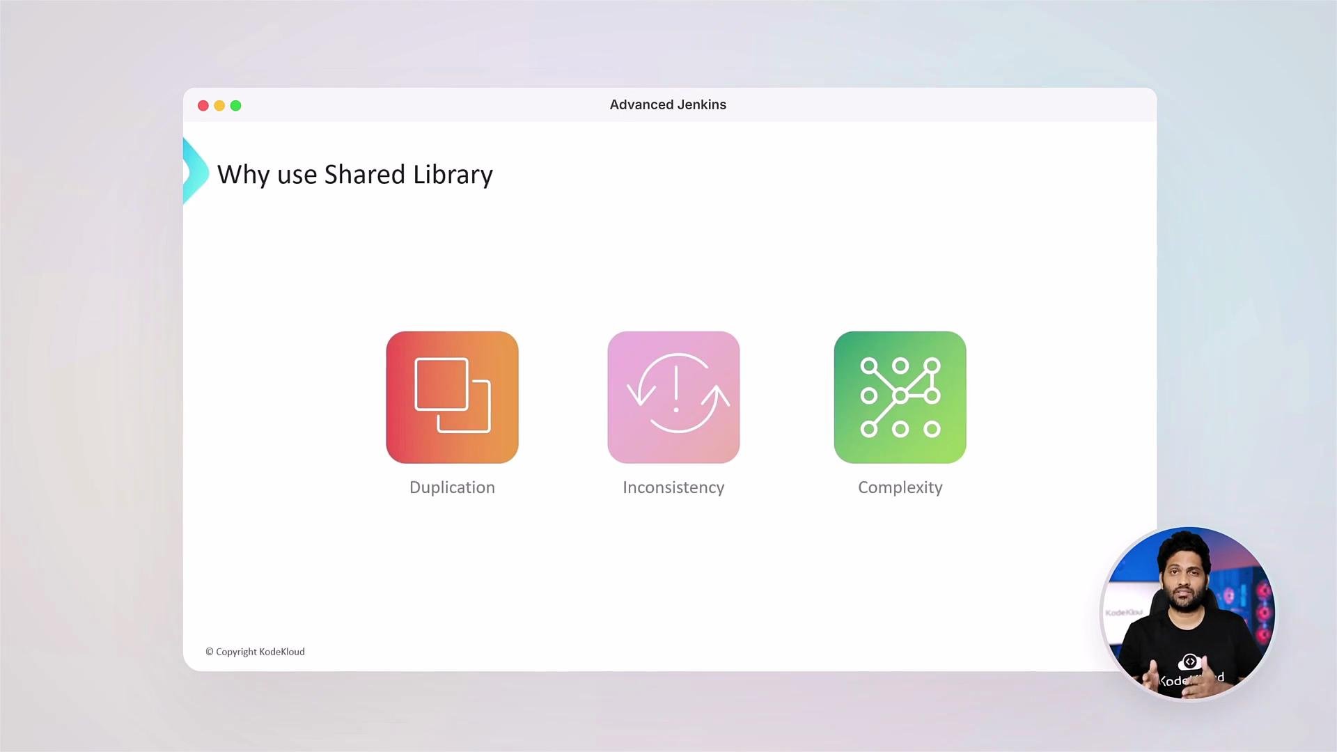 A presentation slide titled "Why use Shared Library" with three colorful icons labeled "Duplication," "Inconsistency," and "Complexity." A small circular video feed of a person is visible in the bottom-right corner.