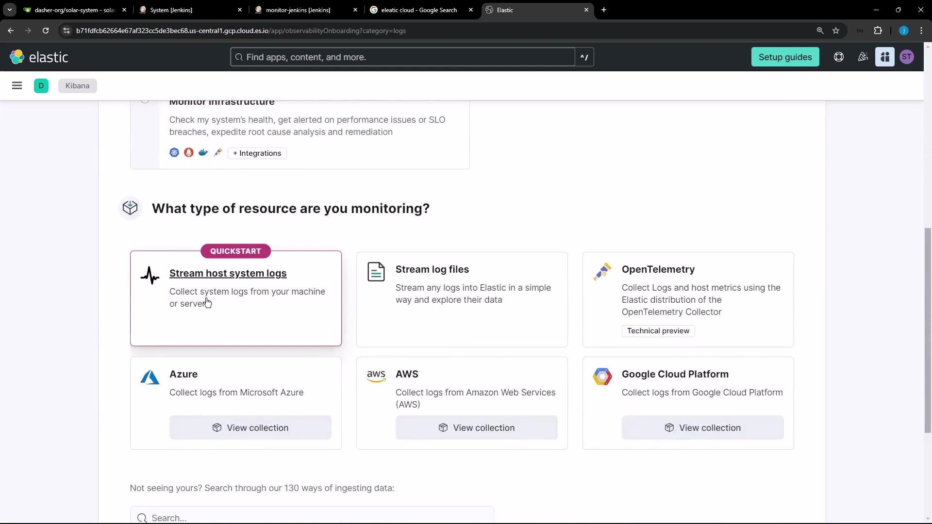A screenshot of the Elastic/Kibana observability onboarding page showing tiles for selecting resource types to monitor — e.g., Stream host system logs, Stream log files, OpenTelemetry, and cloud providers (Azure, AWS, Google Cloud). A search bar and a "Setup guides" button are visible in the top navigation.