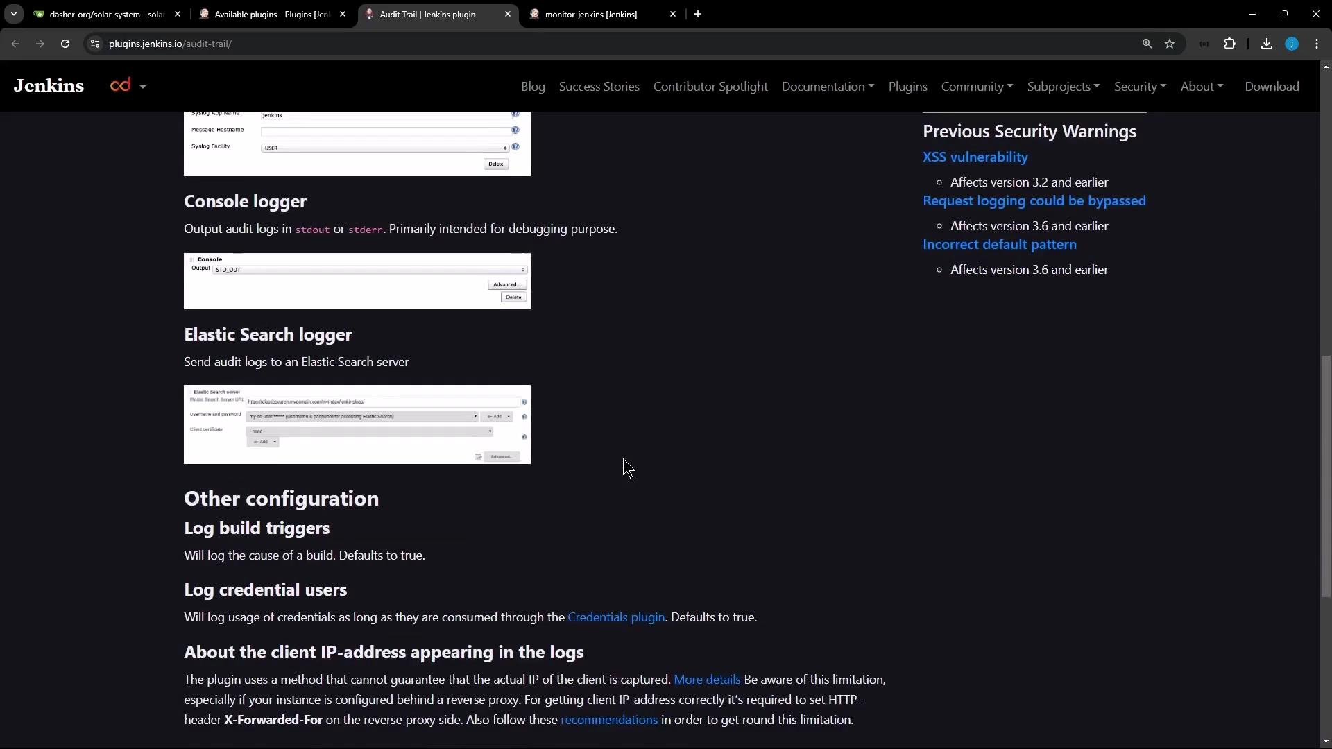 A screenshot of a Jenkins plugin documentation page showing sections for "Console logger" and "Elastic Search logger" with configuration screenshots. A dark-themed layout has a right sidebar listing previous security warnings (e.g., XSS vulnerability).