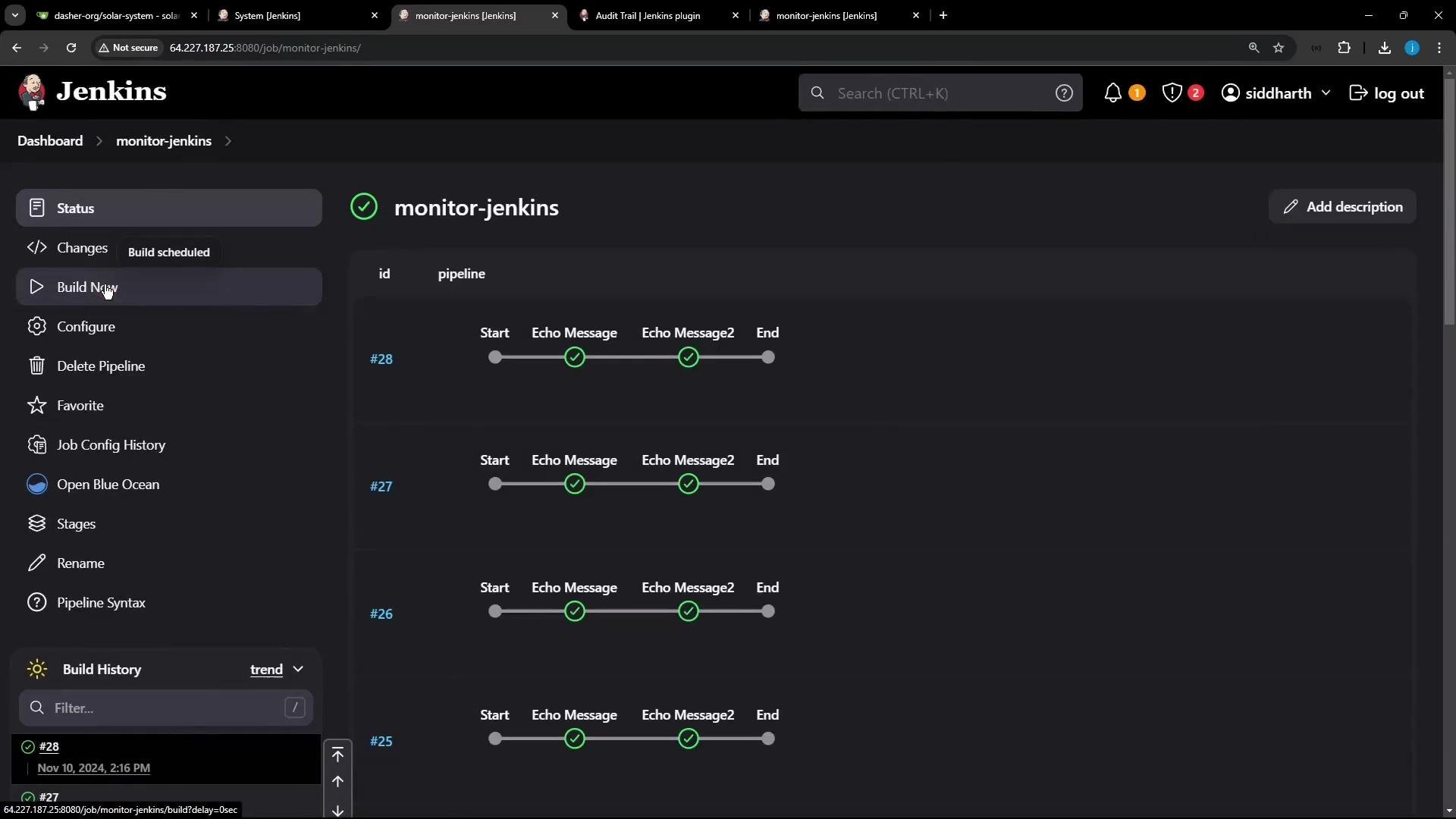 A screenshot of a Jenkins pipeline page (dark theme) for a job named "monitor-jenkins," showing recent pipeline runs with stage progress (Start, Echo Message, Echo Message2, End) and a left sidebar containing actions like Build Now, Configure, and Open Blue Ocean. The top bar shows the logged-in user and search/notifications.
