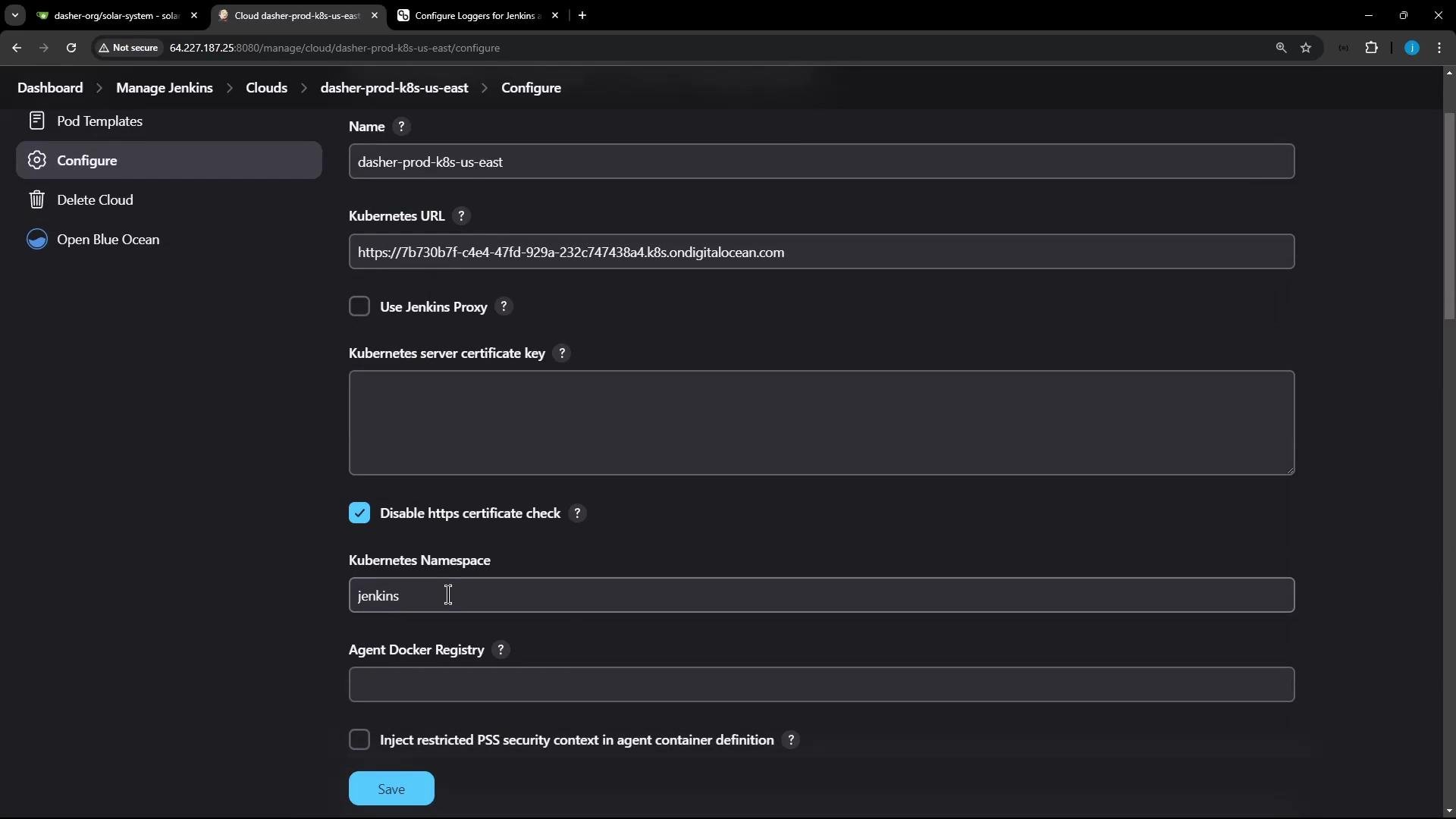 A dark-themed Jenkins "Configure" page for a Kubernetes cloud named "dasher-prod-k8s-us-east," showing fields like Kubernetes URL, namespace (jenkins), and certificate key. The screenshot also shows the "Disable https certificate check" option enabled and a blue Save button.
