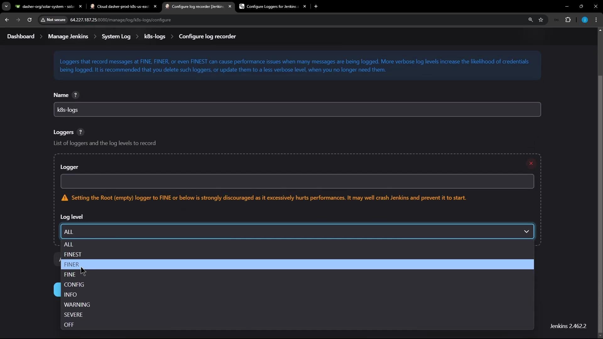 A screenshot of the Jenkins "Configure log recorder" settings page showing a log recorder named "k8s-logs." The log level dropdown is open with options like ALL, FINEST, FINER, FINE, and a warning about verbose levels hurting performance.