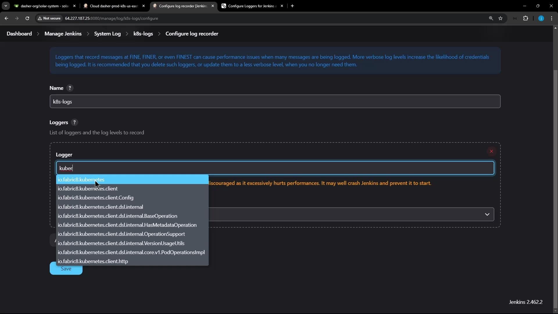 A screenshot of the Jenkins "Configure log recorder" page showing a recorder named "k8s-logs" with a Logger input and a dropdown of io.fabric8.kubernetes.* logger options. The page includes a warning about verbose logging and a Save button.