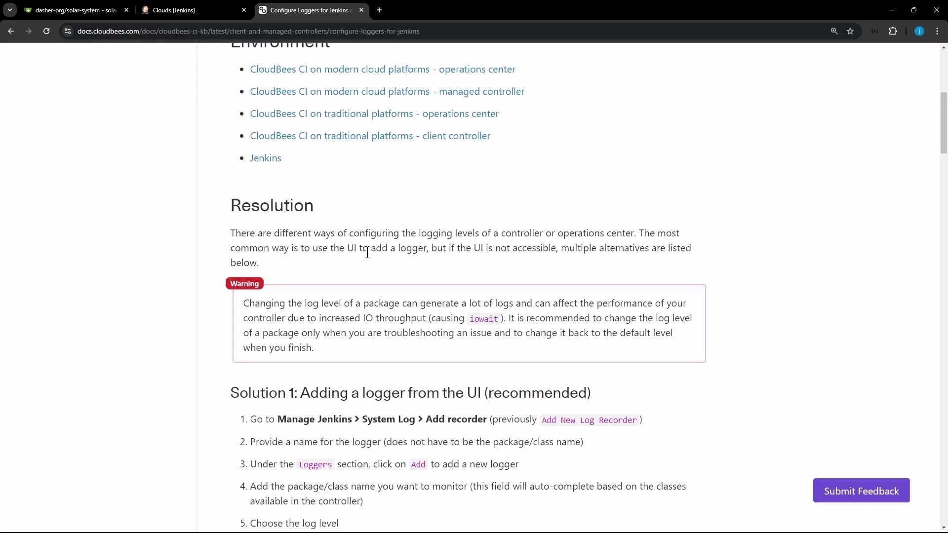 A screenshot of a documentation webpage about configuring loggers for Jenkins, showing a "Resolution" heading. It includes a red "Warning" box about changing log levels and the start of a numbered "Solution 1" steps list, with browser tabs visible at the top.