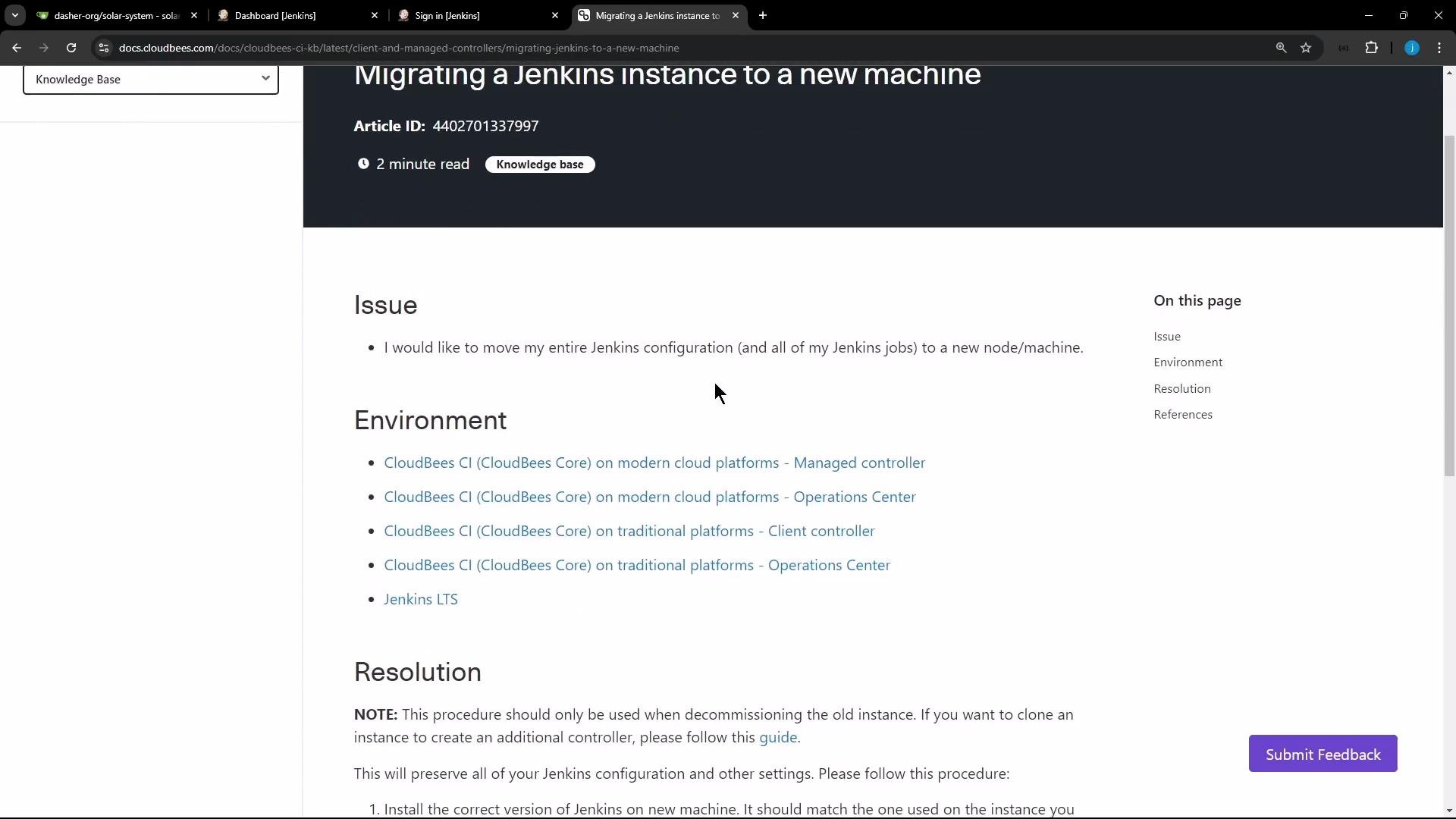 A screenshot of a CloudBees documentation webpage titled "Migrating a Jenkins instance to a new machine," showing sections like Issue, Environment, and Resolution. The page includes environment links, a sidebar table of contents, and browser tabs at the top.
