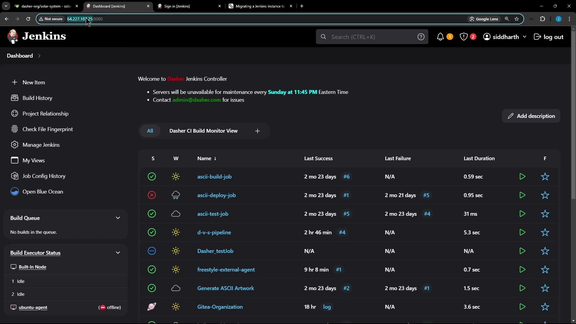 Screenshot of a Jenkins CI dashboard in dark mode showing a list of build jobs with status icons, last success/failure times, and run durations. The left sidebar displays navigation items like New Item, Build History, Manage Jenkins, and a Build Queue.