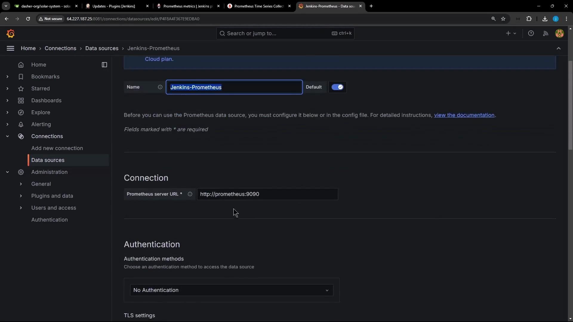 A dark-themed Grafana settings page for a Prometheus data source named "Jenkins-Prometheus," showing connection details including the Prometheus server URL set to "http://prometheus:9090."