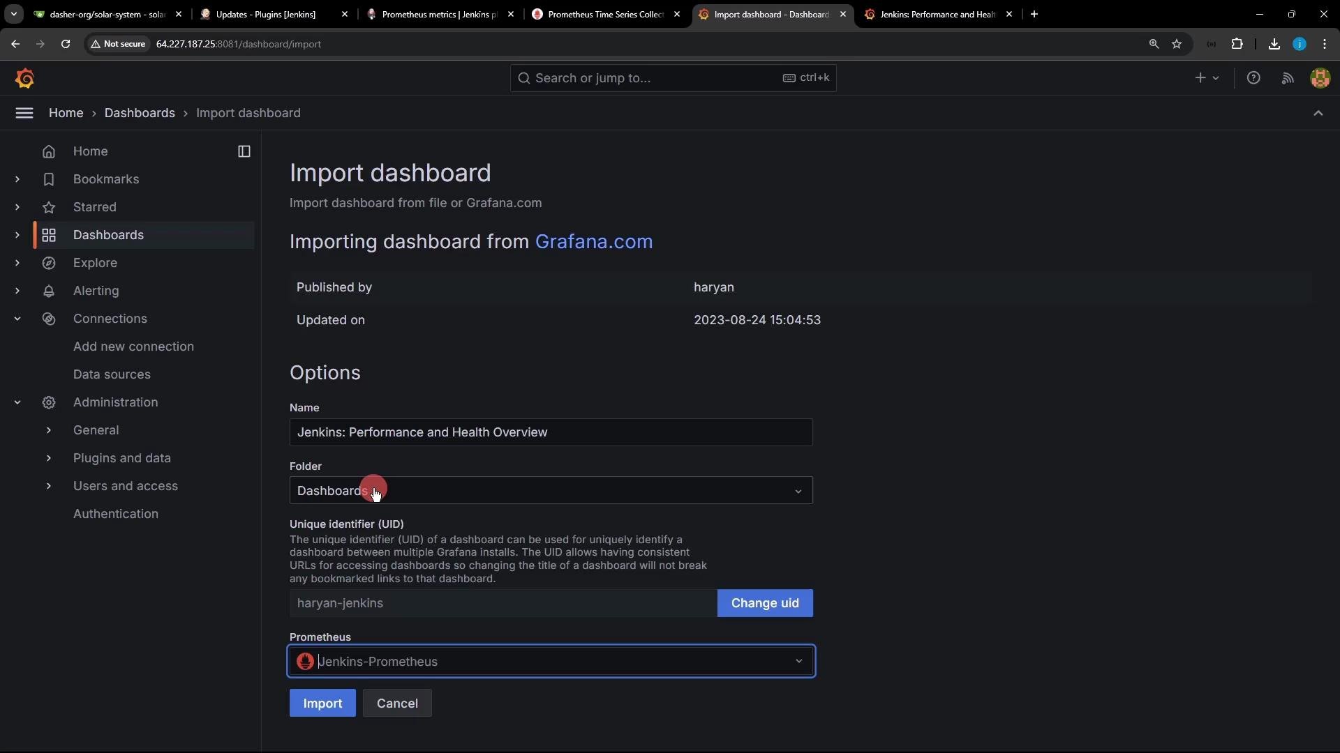 A Grafana "Import dashboard" screen showing the process of importing a "Jenkins: Performance and Health Overview" dashboard from Grafana.com. The page displays fields for name, folder, UID and selecting a Prometheus data source.