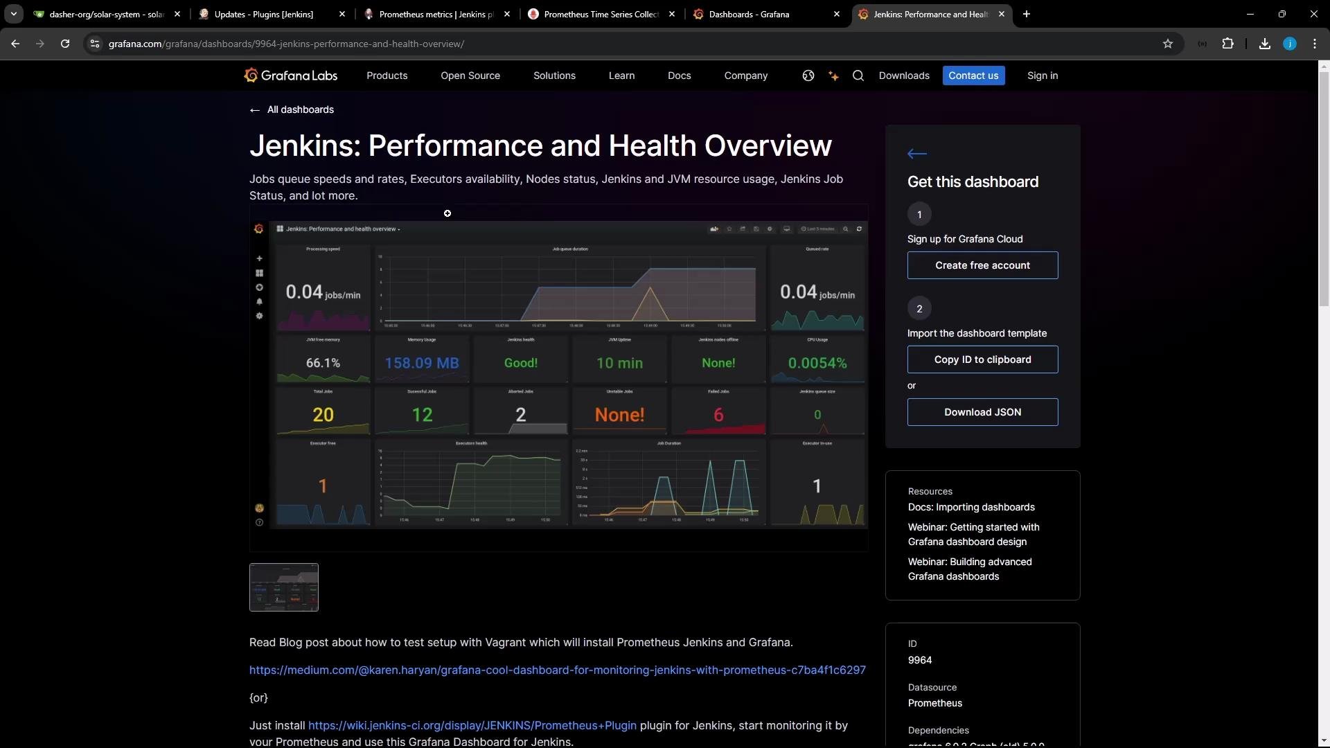 A Grafana Labs webpage showing a "Jenkins: Performance and Health Overview" dashboard screenshot with multiple metrics and graphs. A right-hand panel offers options to get the dashboard (create account, copy ID, download JSON).