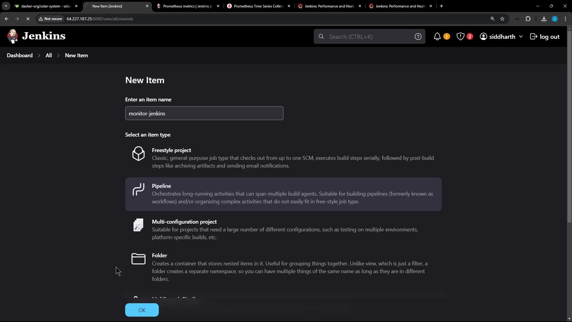 A browser screenshot of the Jenkins "New Item" page in dark mode showing the item name field filled with "monitor-jenkins" and selectable job types (Freestyle project, Pipeline, Multi-configuration project, Folder). The page includes an OK button at the bottom and standard browser UI at the top.