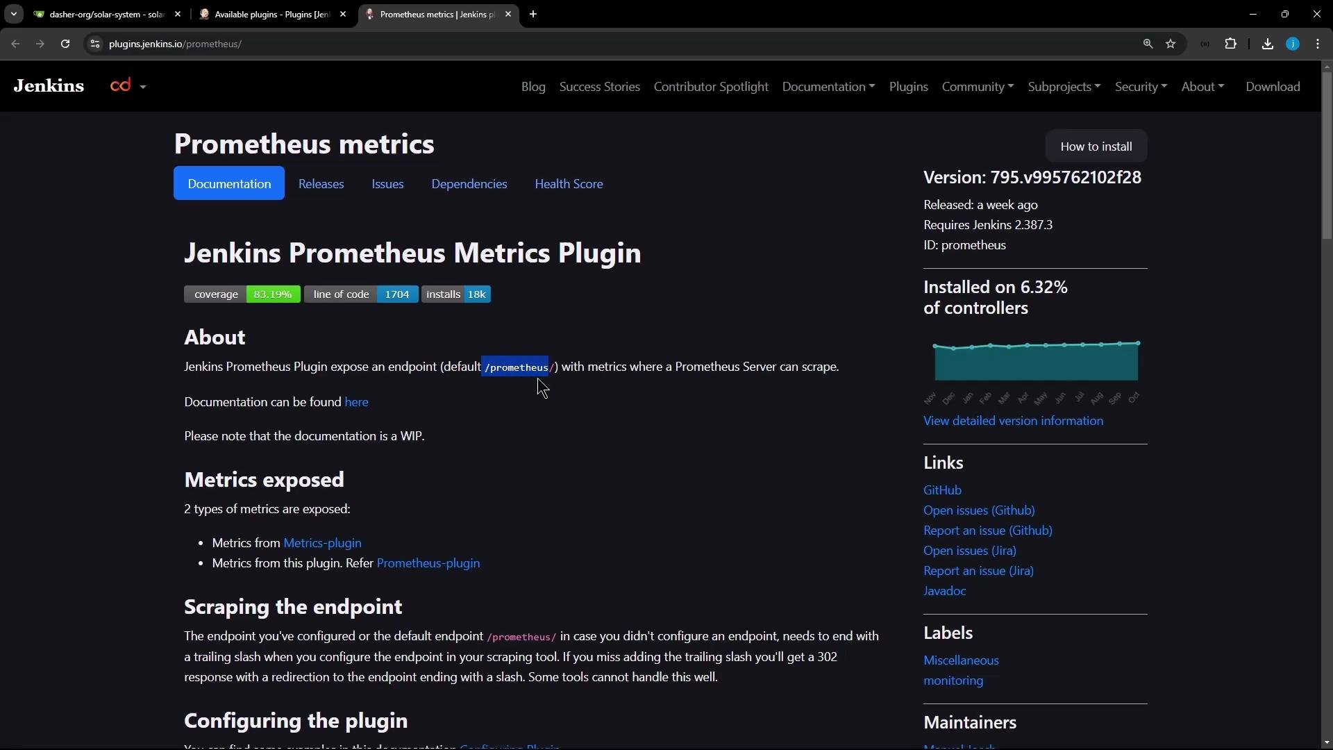 A screenshot of the Jenkins "Prometheus metrics" plugin webpage, showing the plugin title, documentation tab, and an About/Metrics Exposed section. On the right are version details, install statistics, and links.