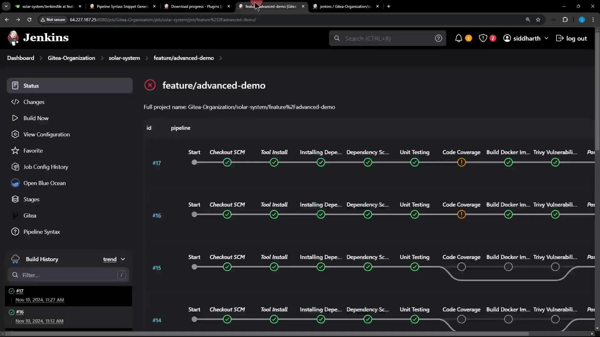 A screenshot of the Jenkins web UI showing the "feature/advanced-demo" pipeline with several build runs and stage progress indicators (green checkmarks and some warning icons). The left sidebar shows job actions and a build history list.
