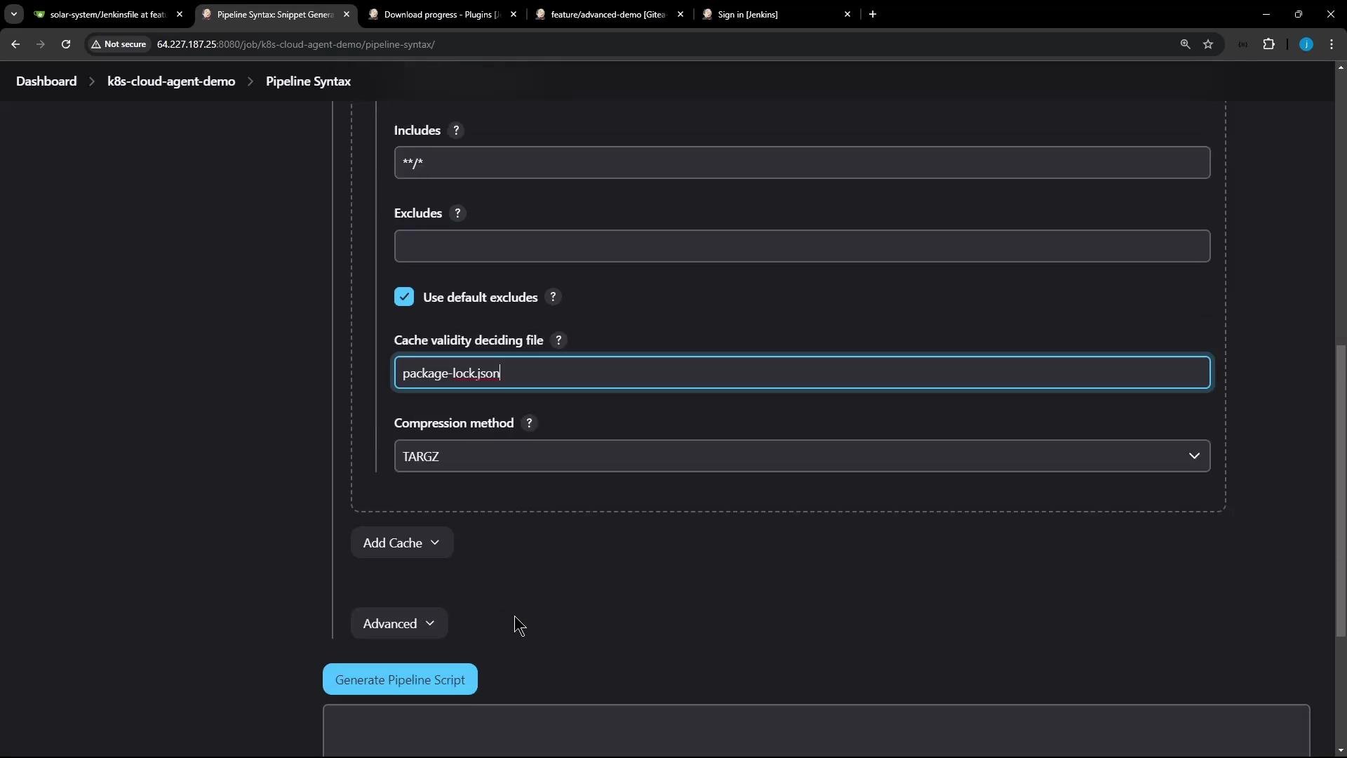 A screenshot of a Jenkins "Pipeline Syntax" page showing cache configuration fields, with "package-lock.json" entered as the cache validity deciding file and the compression method set to TARGZ. The "Use default excludes" checkbox is checked and there are Include/Exclude input boxes visible.