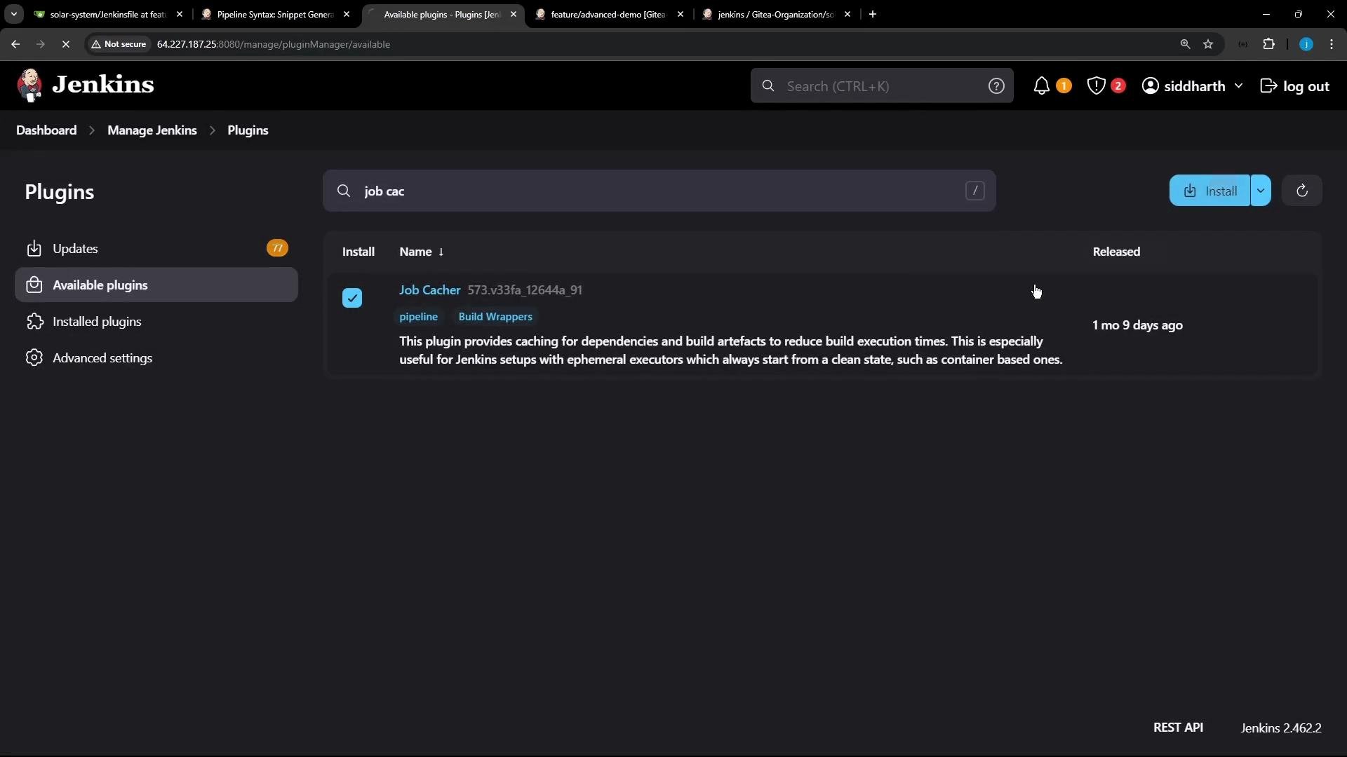 A dark-themed Jenkins plugin manager screen showing the "Available plugins" view with a highlighted "Job Cacher" plugin entry and an Install button.