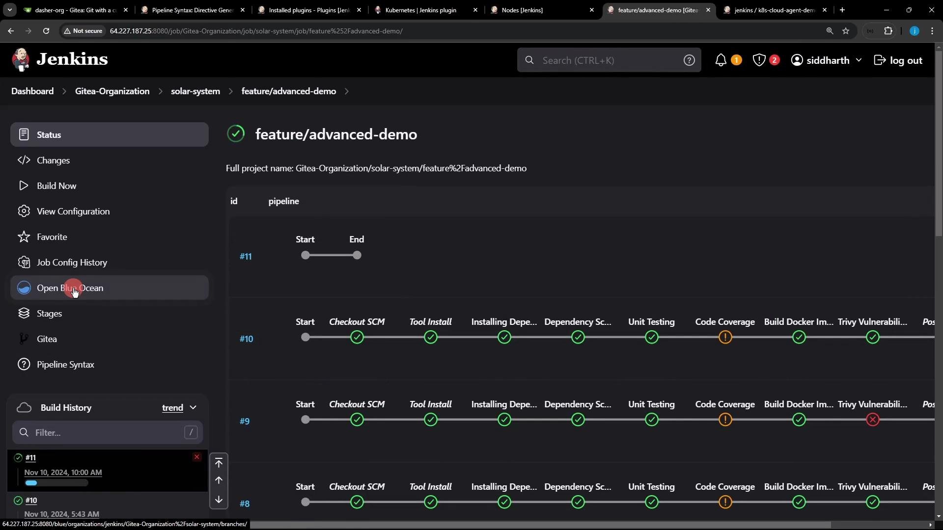A dark-themed Jenkins web UI showing the pipeline status for a job named "feature/advanced-demo," with multiple build runs and stage icons indicating successes and a few warnings/errors. The left sidebar shows navigation items like Status, Build Now, and Open Blue Ocean, plus a Build History panel.