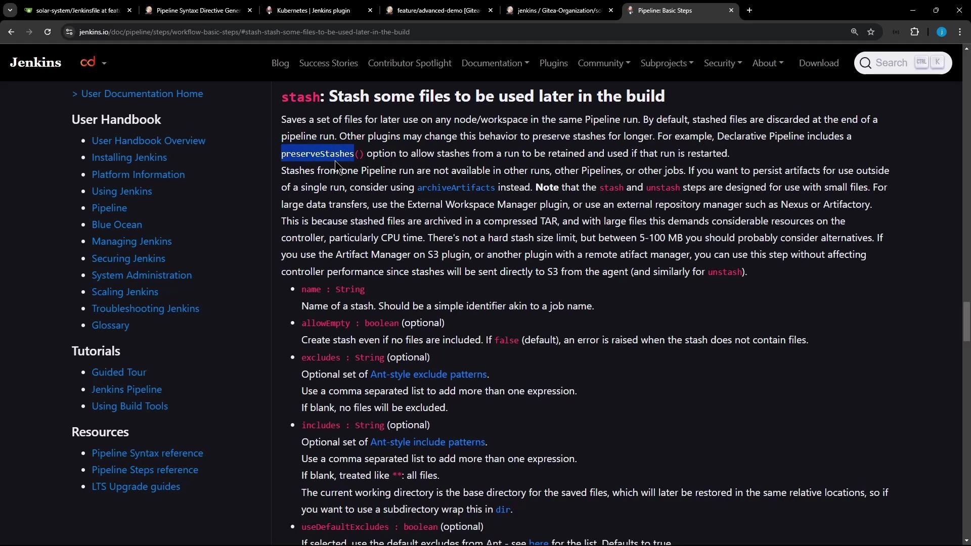 A screenshot of the Jenkins documentation page describing the "stash" Pipeline step. The page shows the heading "stash: Stash some files to be used later in the build," explanatory text and option fields on the right, and a User Handbook navigation sidebar on the left.