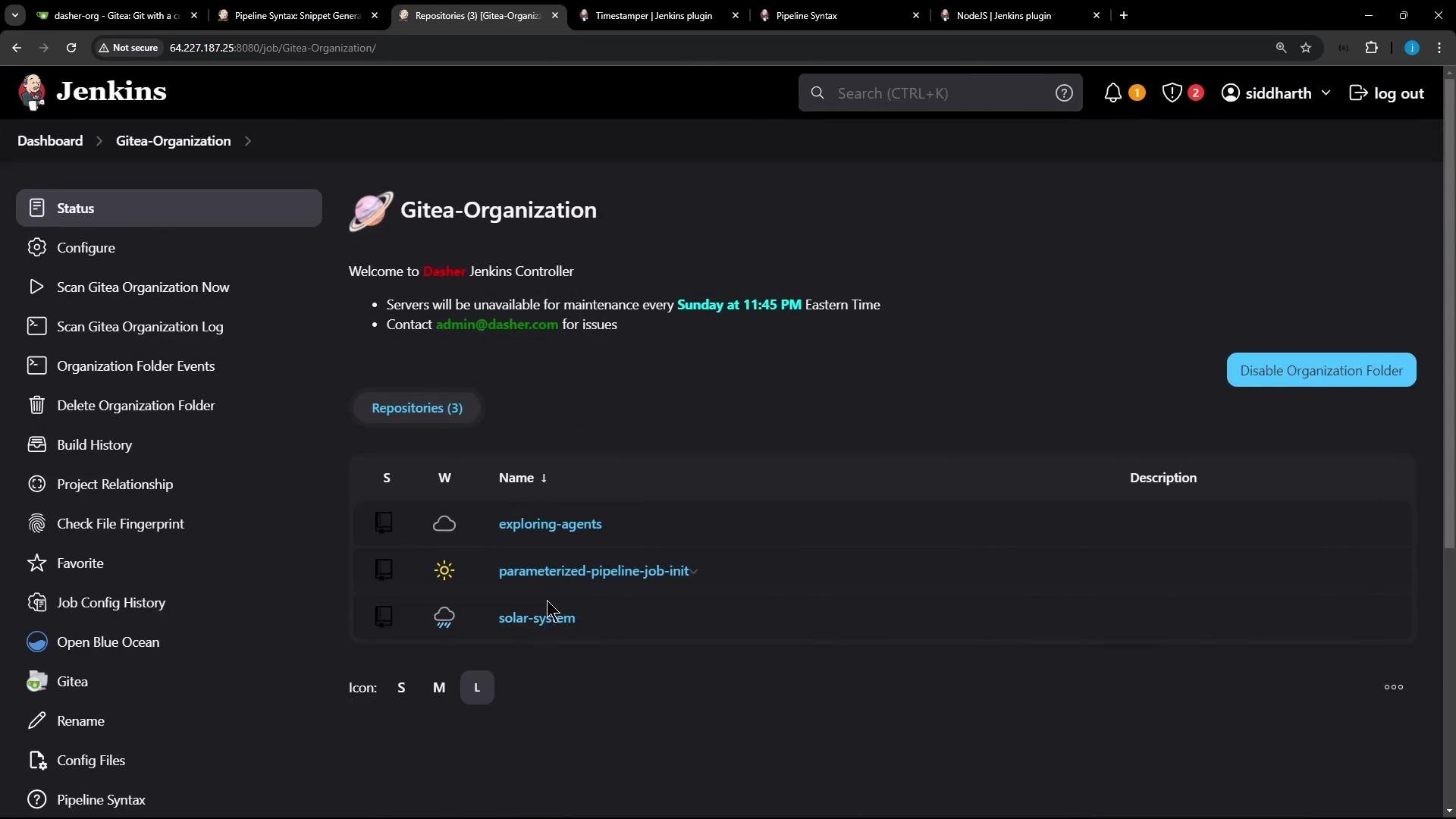 A dark-themed Jenkins web UI showing the "Gitea-Organization" organization folder page with a sidebar of actions. The main panel lists repositories (exploring-agents, parameterized-pipeline-job-init, solar-system) and a "Disable Organization Folder" button.