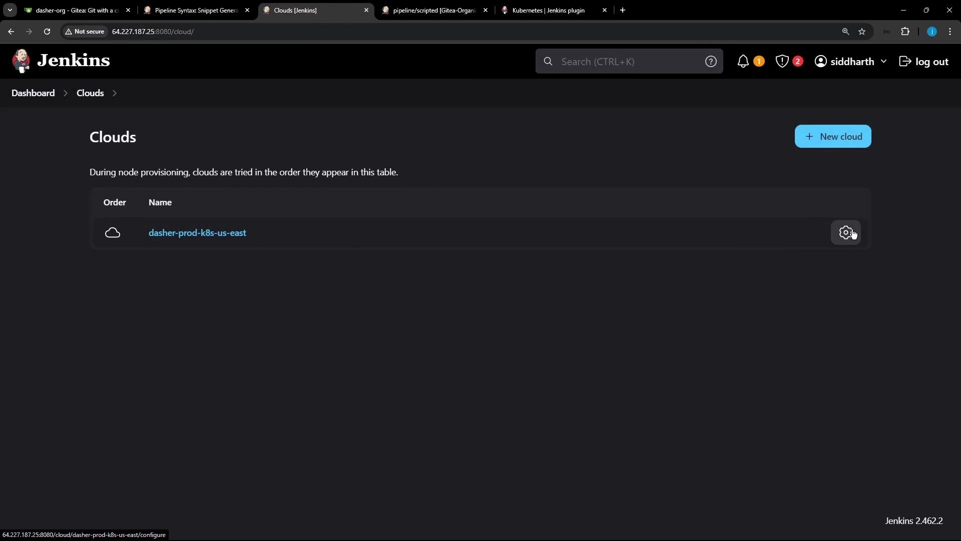 Screenshot of the Jenkins "Clouds" settings page in dark theme showing one configured cloud named "dasher-prod-k8s-us-east." A "New cloud" button and a gear/settings icon for the listed cloud are also visible.