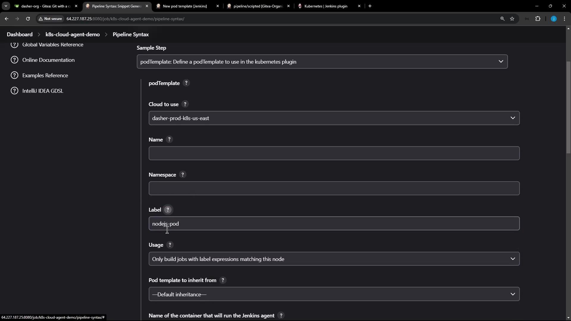 A dark-themed Jenkins Pipeline Syntax page showing a Kubernetes podTemplate configuration with fields like "Cloud to use" (dasher-prod-k8s-us-east), "Label" (nodejs-pod), namespace and name. The left sidebar displays links to documentation and examples.