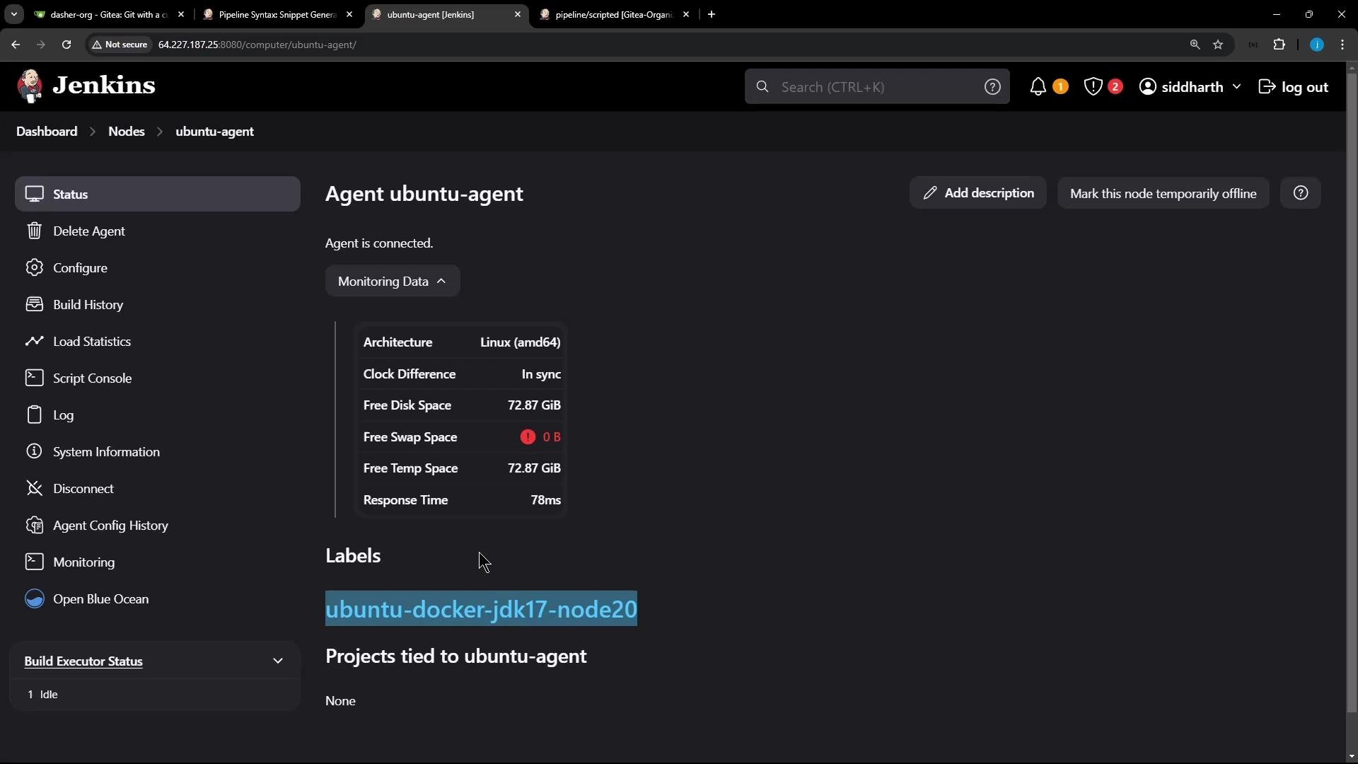 A Jenkins node page for "Agent ubuntu-agent" showing the node is connected with monitoring data (Architecture: Linux amd64, Free Disk Space: 72.87 GiB, Free Swap: 0 B, Response Time: 78ms). The left sidebar shows Jenkins menu options and a highlighted label "ubuntu-docker-jdk17-node20."