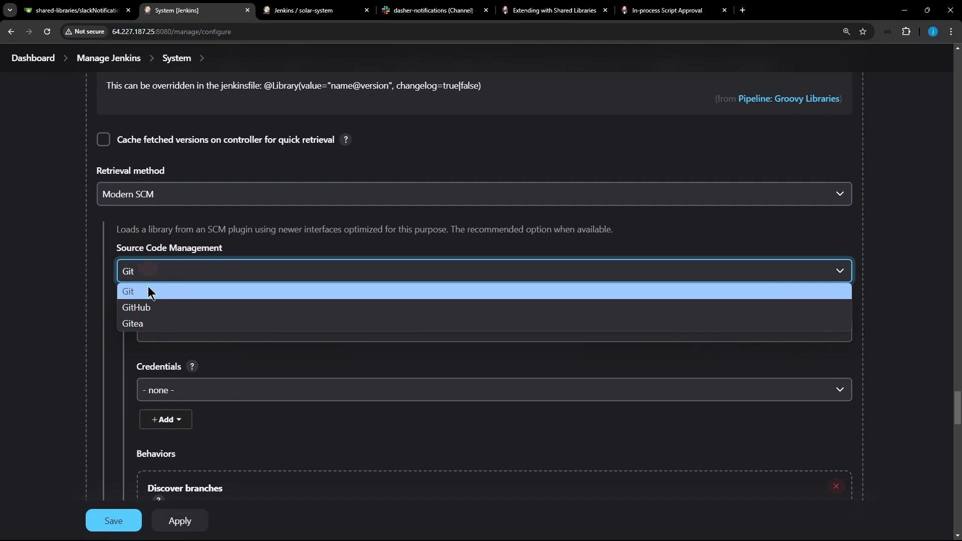 A screenshot of the Jenkins "Manage Jenkins > System" configuration page showing the "Retrieval method: Modern SCM" section with a Source Code Management dropdown (Git, GitHub, Gitea) — the Git option is highlighted and the Credentials and Save/Apply buttons are visible.