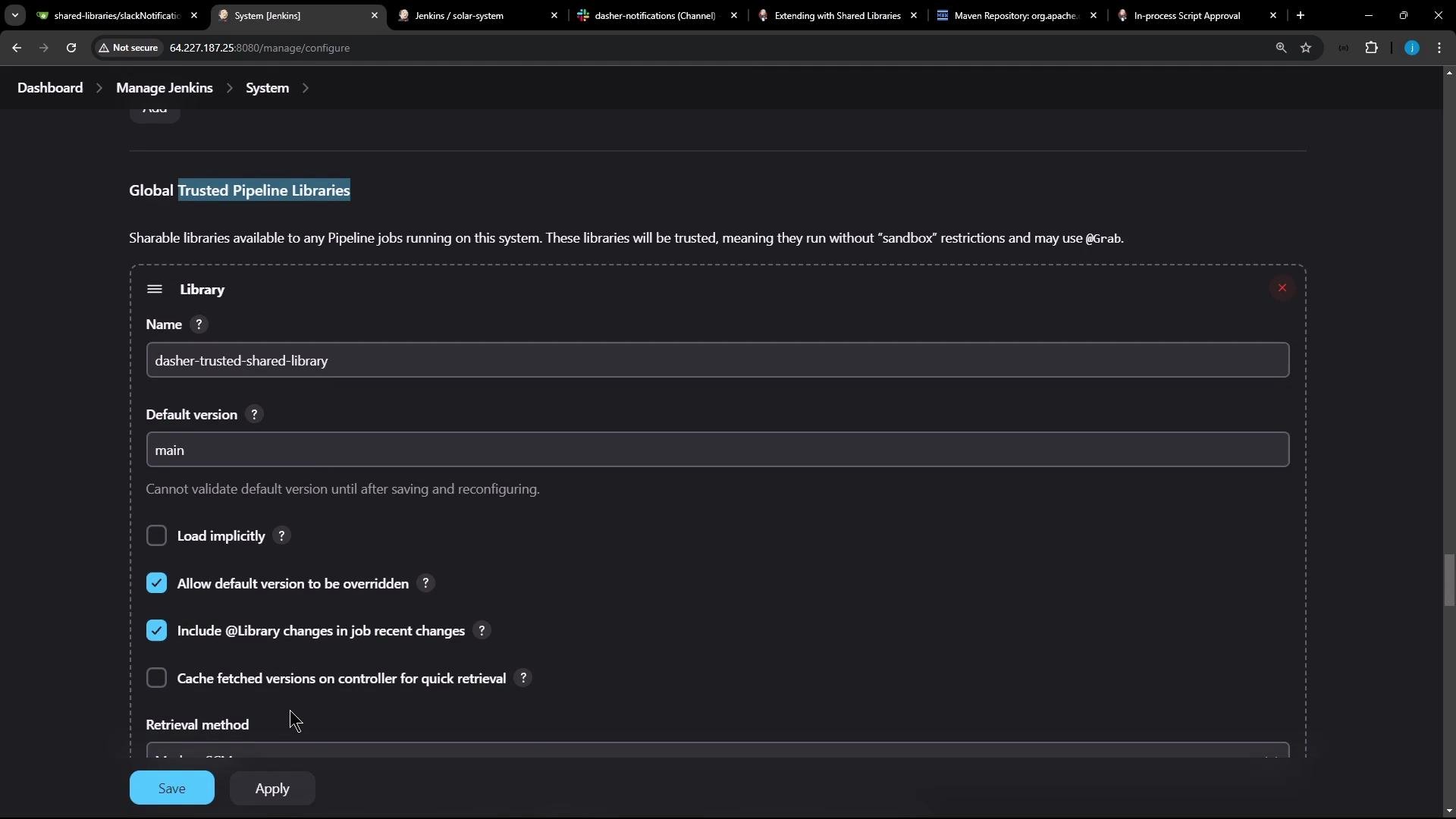 A screenshot of the Jenkins "Global Trusted Pipeline Libraries" settings page showing a configured library named "dasher-trusted-shared-library" with default version "main" and various checkboxes and retrieval options. The Save and Apply buttons are visible at the bottom.