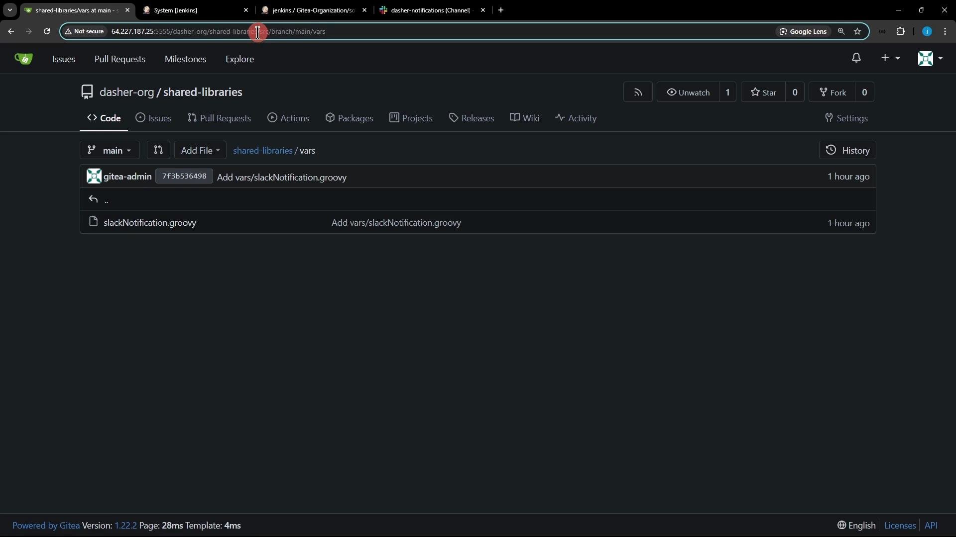 A dark-themed Gitea repository page for "dasher-org / shared-libraries" showing the "vars" folder with a single file named slackNotification.groovy. The entry shows a recent commit by gitea-admin and repository controls (branches, add file, history).