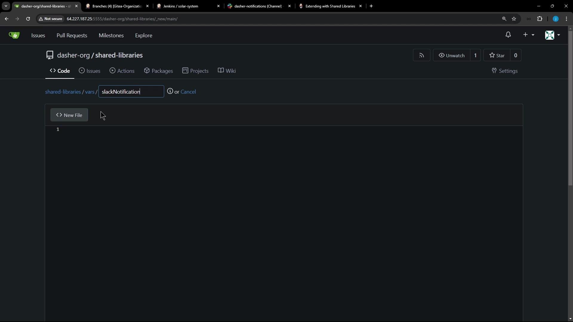 A dark-themed repository webpage (dasher-org / shared-libraries) showing a code view with a filename input containing "slackNotification" and a "New File" button. Browser tabs and the address bar are visible at the top.