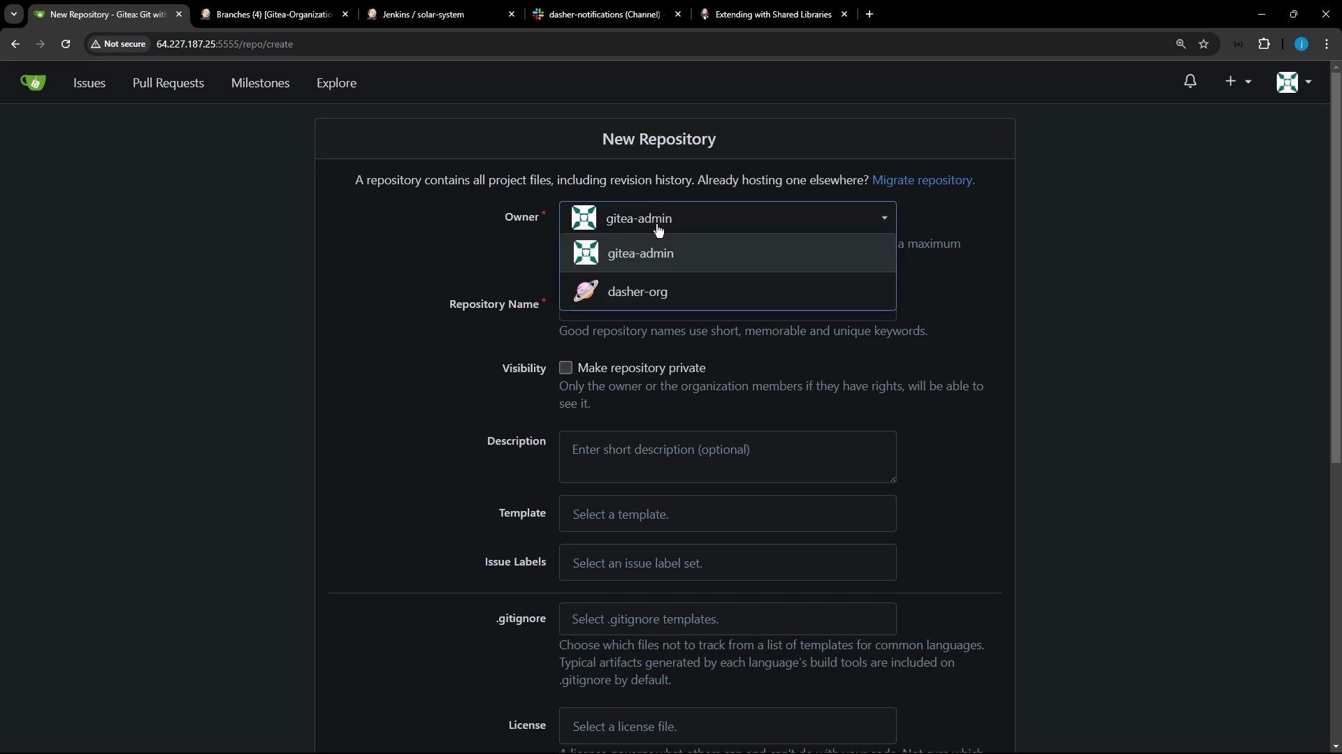 A dark-themed web screenshot of a "New Repository" form in a Git hosting UI (Gitea), showing an open Owner dropdown with options like "gitea-admin" and "dasher-org." The form includes fields for repository name, visibility, description, .gitignore and license.