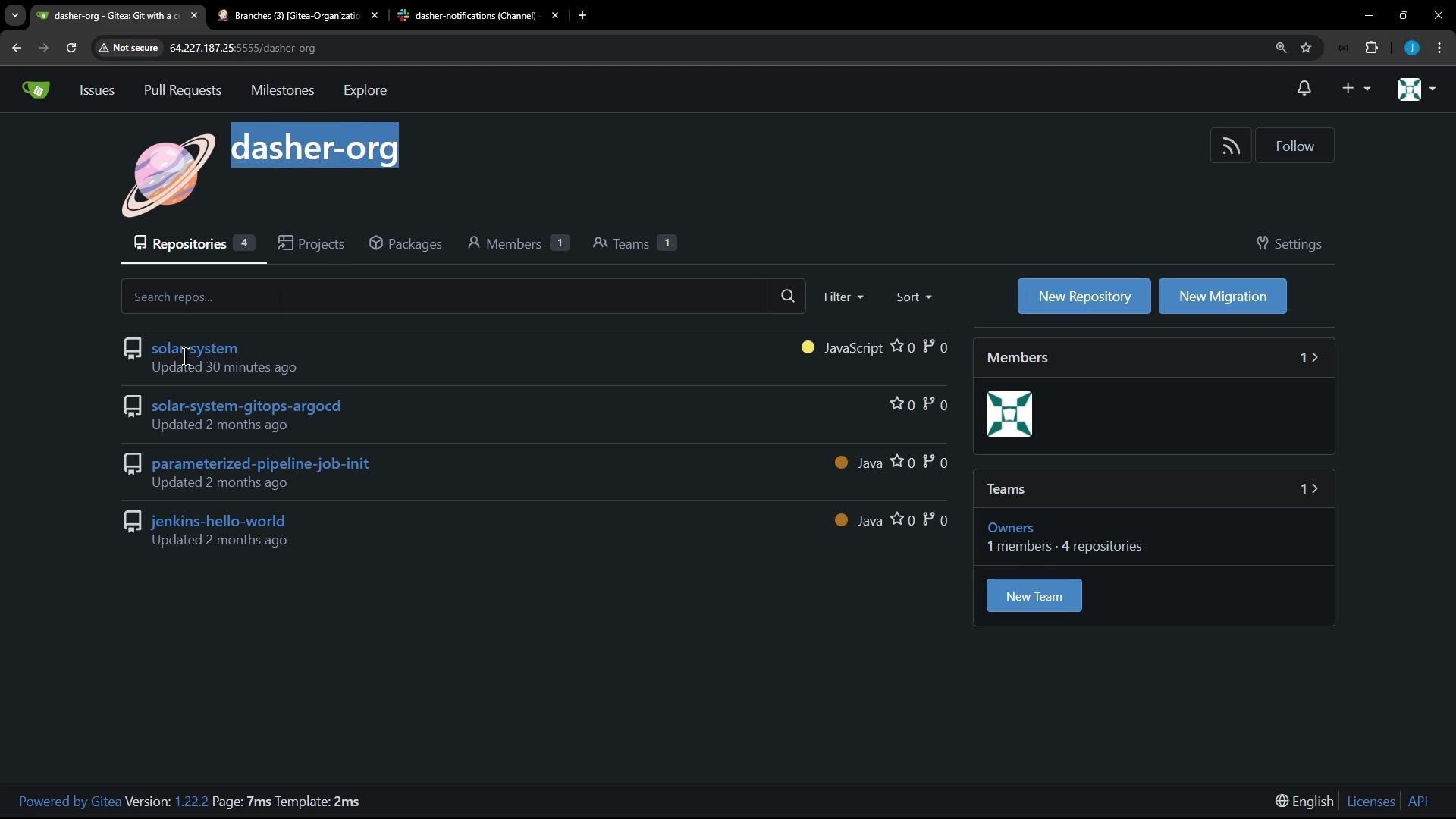 A dark-themed Gitea organization page for "dasher-org" showing a list of repositories (like "solar-system", "solar-system-gitops-argocd", etc.) and a right-hand sidebar with Members and Teams. The top has navigation and buttons for "New Repository" and "New Migration."