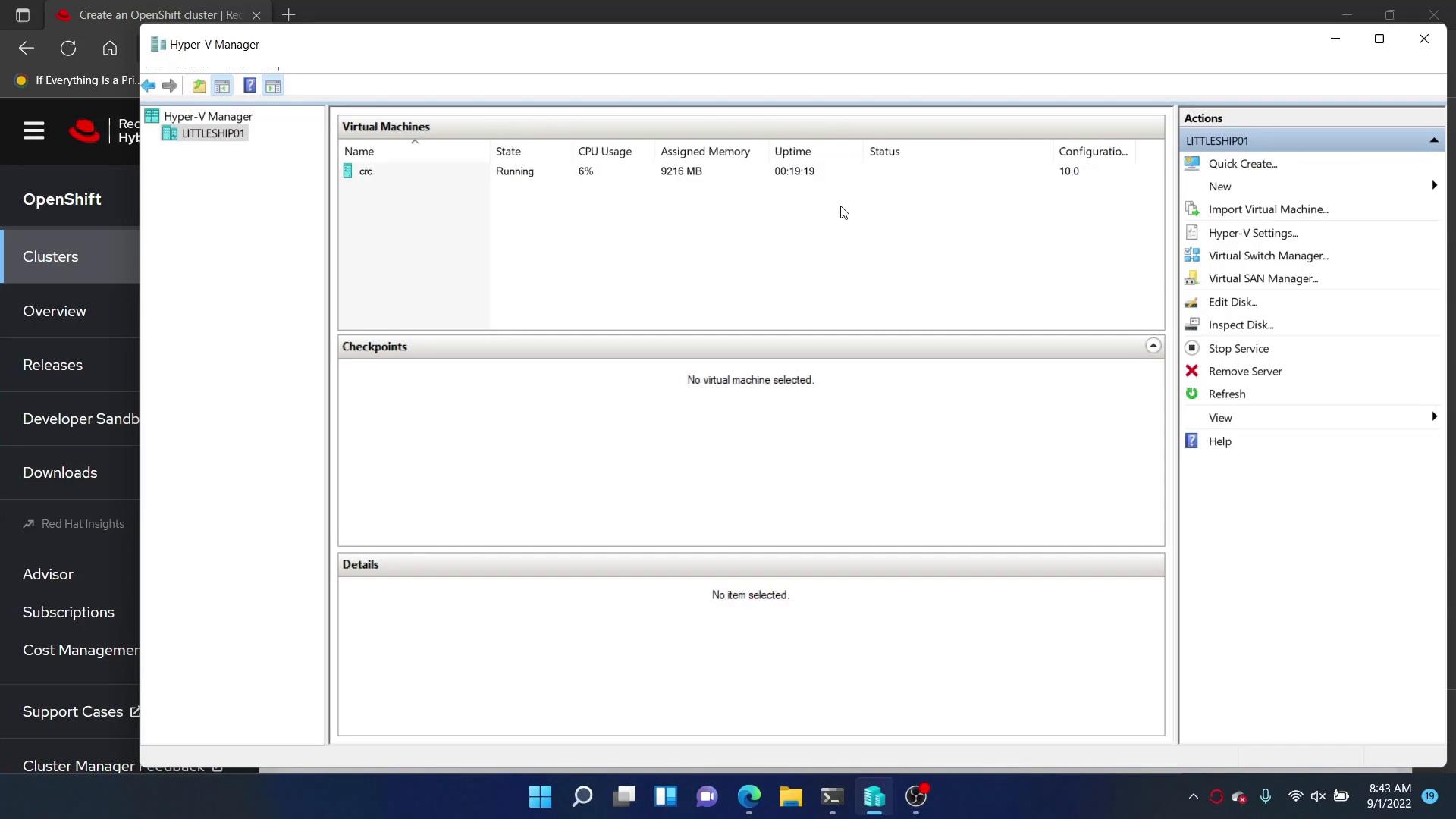 A screenshot of the Hyper-V Manager showing a running virtual machine named "crc" with CPU, assigned memory and uptime displayed. The Hyper-V window overlays a Red Hat OpenShift web interface sidebar (Clusters, Overview, Releases).