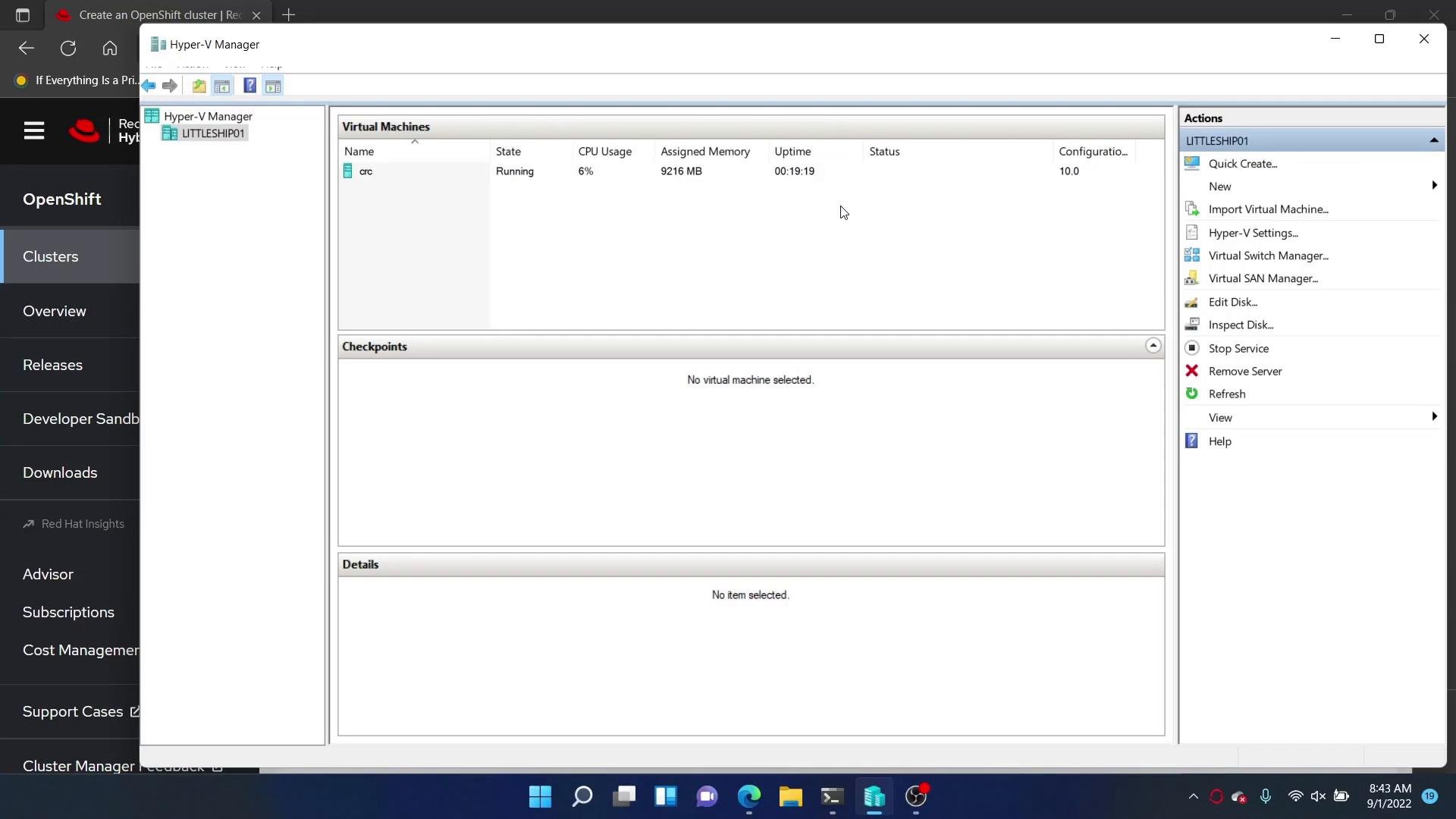 A screenshot of the Hyper-V Manager showing a running virtual machine named "crc" with CPU, assigned memory and uptime displayed. The Hyper-V window overlays a Red Hat OpenShift web interface sidebar (Clusters, Overview, Releases).