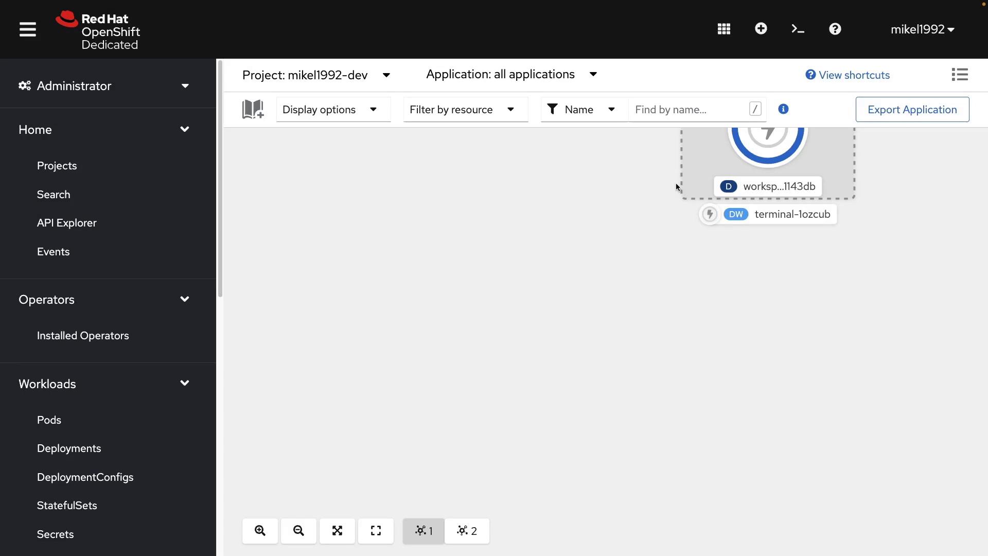 A Red Hat OpenShift Dedicated web console screenshot showing a project dashboard with a left-hand navigation menu. The main area displays an application/topology view with small resource nodes labeled as workspace and terminal.