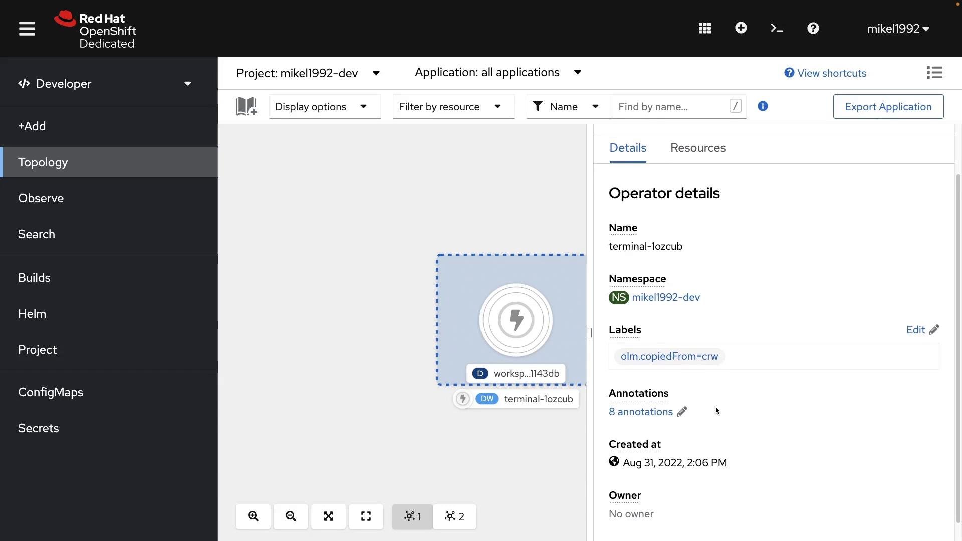 A screenshot of the Red Hat OpenShift Dedicated web console showing the Topology view with a selected operator/workspace node. The right-hand panel displays operator details such as name, namespace, labels and creation time.