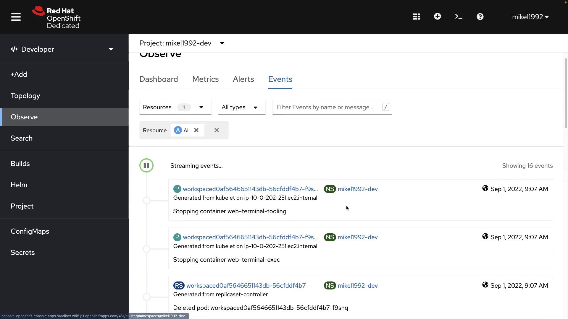 A screenshot of the Red Hat OpenShift Dedicated web console showing the Developer → Observe → Events tab for the project "mikel1992-dev." It displays a timeline of streaming cluster events (pod/container start/stop and replica set activity) with timestamps.