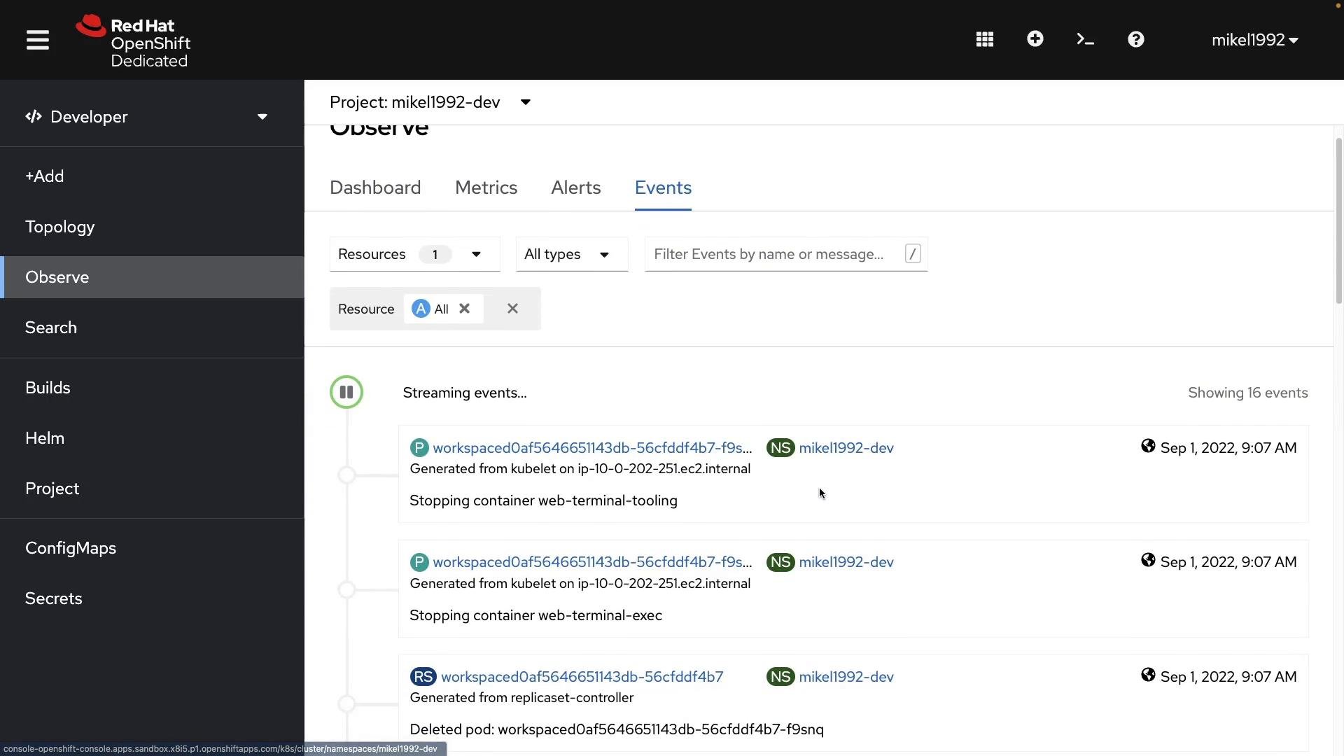 A screenshot of the Red Hat OpenShift Dedicated web console showing the Developer → Observe → Events tab for the project "mikel1992-dev." It displays a timeline of streaming cluster events (pod/container start/stop and replica set activity) with timestamps.