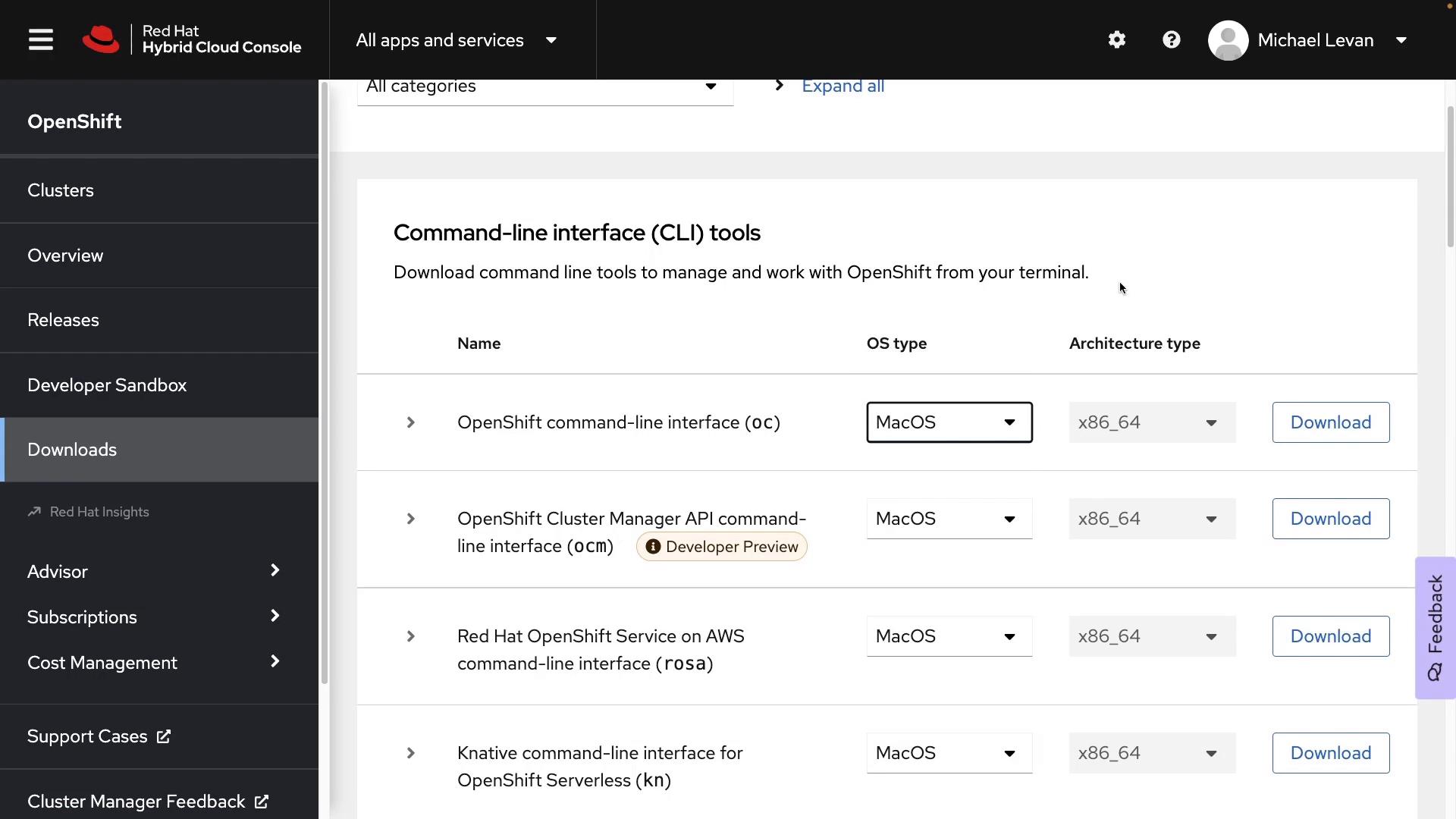 A screenshot of the Red Hat Hybrid Cloud Console showing the "Command-line interface (CLI) tools" downloads page for OpenShift, with rows for different CLI tools and Download buttons. The page includes OS and architecture selectors and a left-side navigation menu.