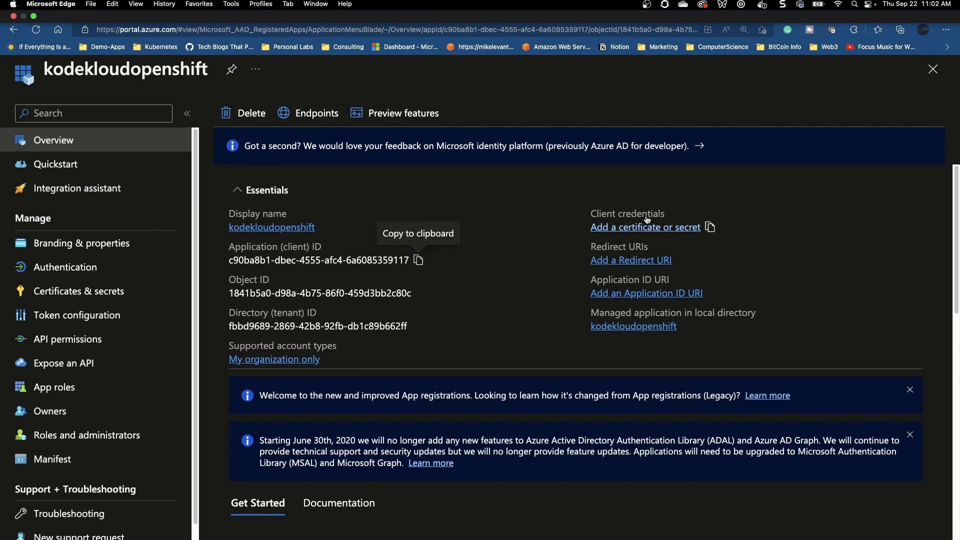 A screenshot of the Microsoft Azure portal showing the App registrations Overview for an application named "kodekloudopenshift," including the application (client) ID, object ID, tenant ID, and client credential/redirect URI options. The left sidebar displays navigation items like Overview, Quickstart, Authentication, Certificates & secrets, and API permissions.