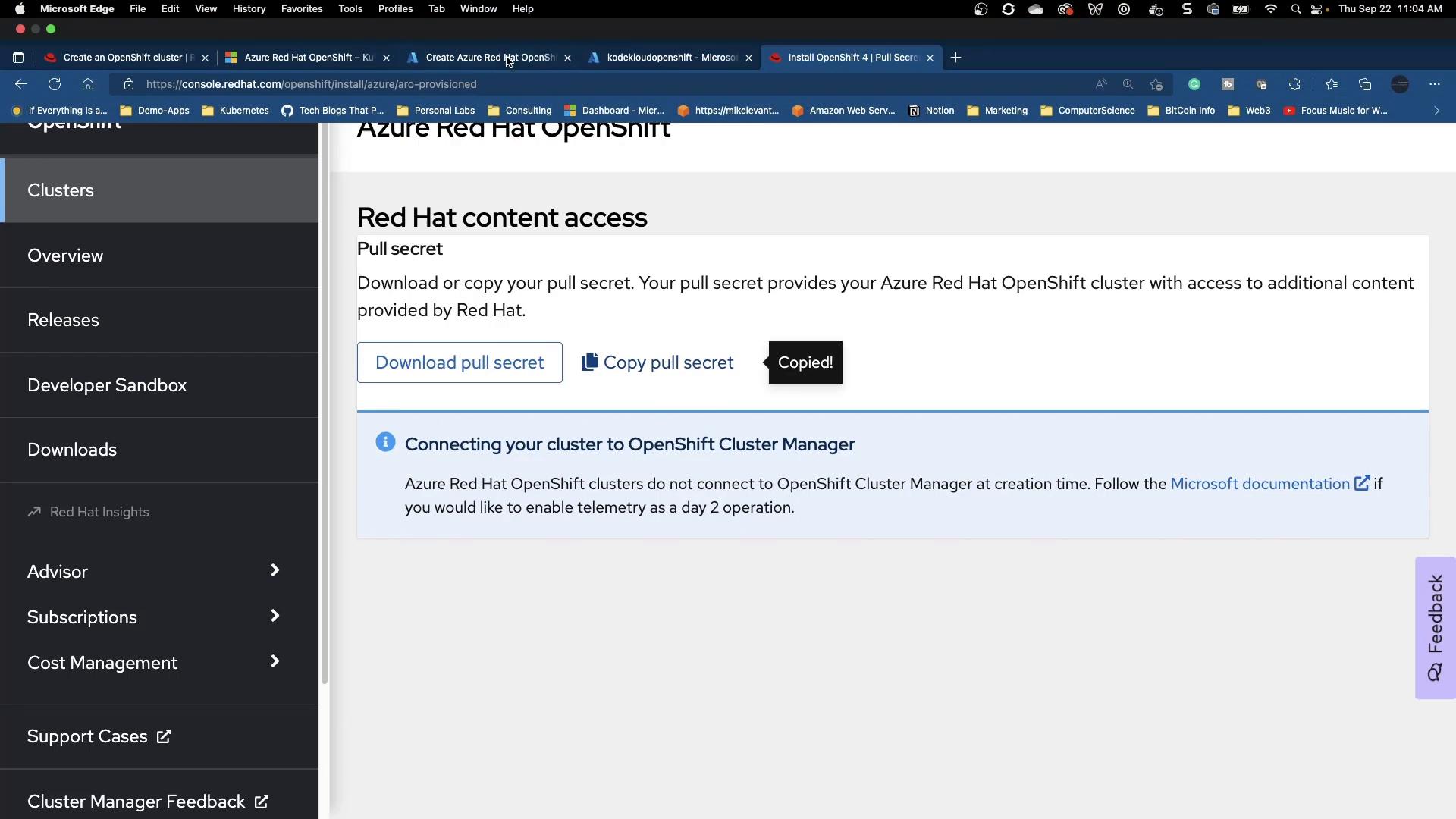 A browser screenshot of the Azure Red Hat OpenShift console. It shows the "Red Hat content access" page with buttons to download or copy a pull secret and a left-side navigation menu (Clusters, Overview, Releases, etc.).