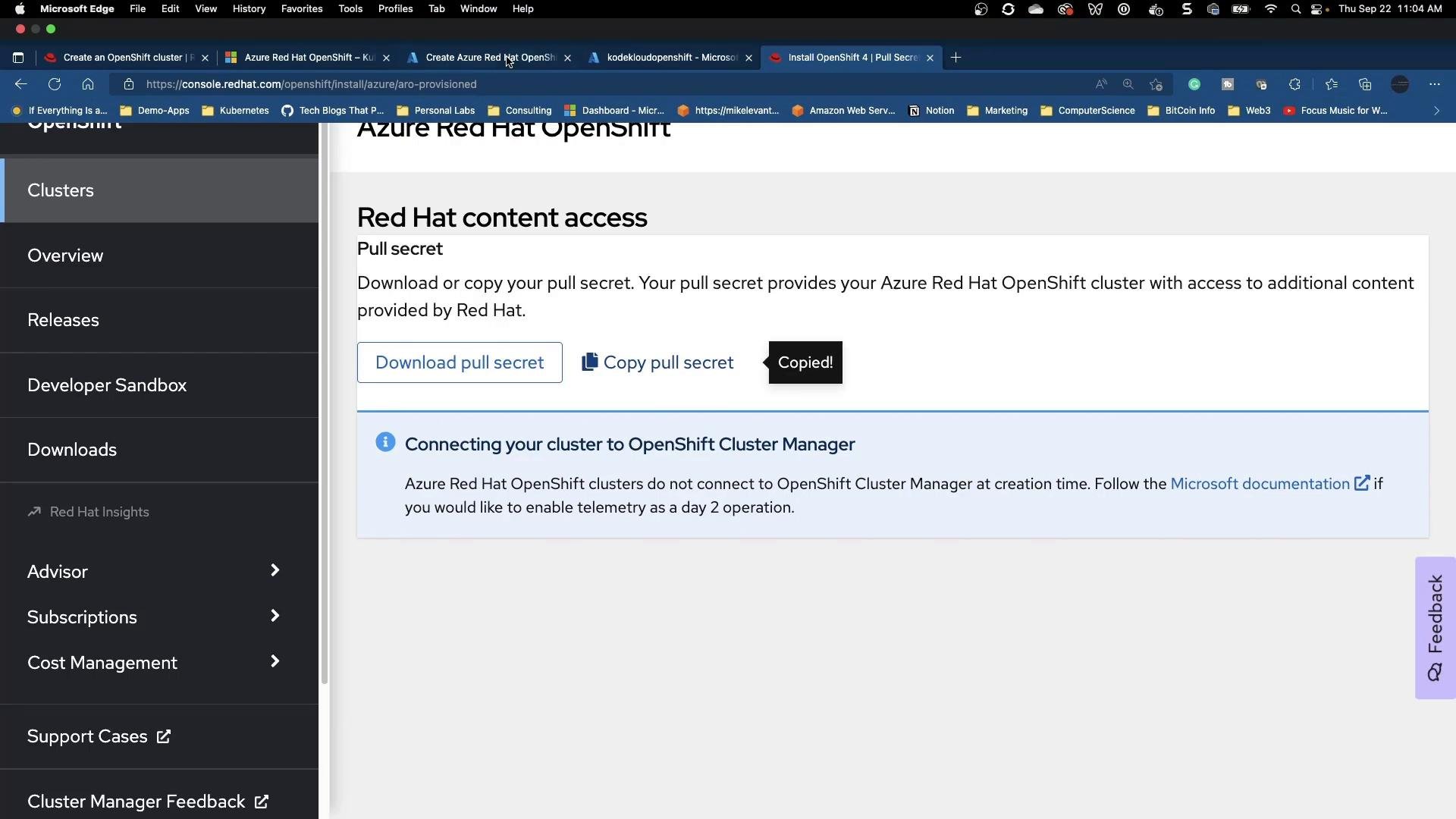 A browser screenshot of the Azure Red Hat OpenShift console. It shows the "Red Hat content access" page with buttons to download or copy a pull secret and a left-side navigation menu (Clusters, Overview, Releases, etc.).