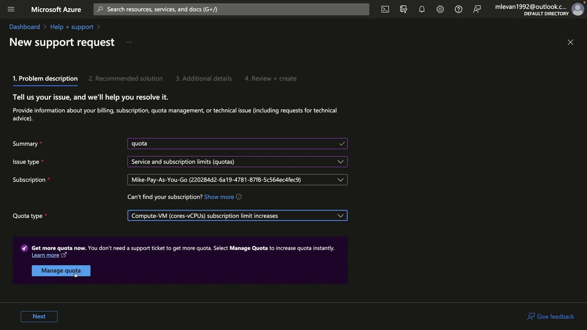 Screenshot of the Microsoft Azure "New support request" page showing a problem description form for a quota issue. It displays fields like Summary ("quota"), Issue type (service and subscription limits), Subscription, Quota type (Compute-VM cores/vCPUs) and a "Manage quota" button.