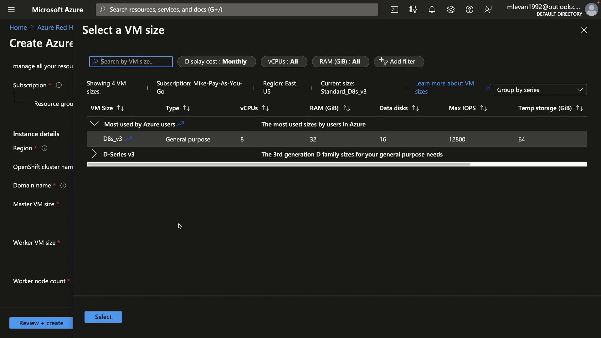 A Microsoft Azure "Select a VM size" screen showing VM options with the D8s_v3 (General purpose) highlighted and columns for vCPUs (8), RAM (32 GiB), data disks (16), Max IOPS (12800) and temp storage (64 GiB). The dialog also shows the subscription (Mike-Pay-As-You-Go), region (East US) and action buttons like "Select" and "Review + create."