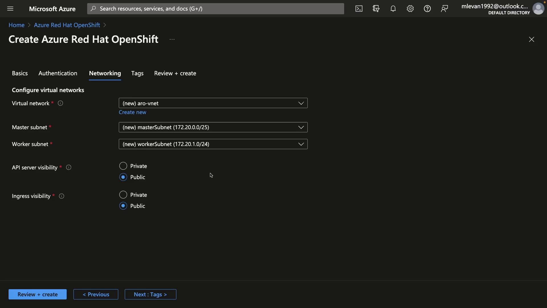 A screenshot of the Microsoft Azure portal showing the "Create Azure Red Hat OpenShift" Networking tab where virtual network, master and worker subnets are being configured. API server and ingress visibility options are shown with "Public" selected and navigation buttons ("Review + create", "Previous", "Next") at the bottom.