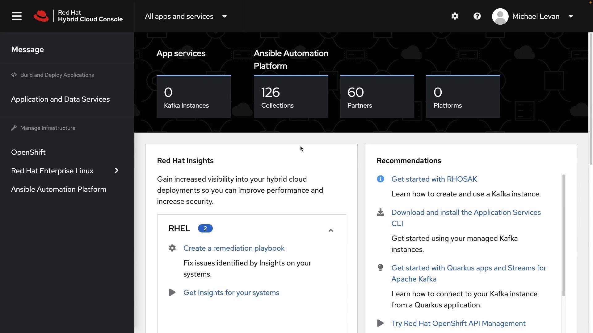 Screenshot of the Red Hat Hybrid Cloud Console dashboard. It shows App services and Ansible Automation Platform metrics (Kafka Instances 0, Collections 126, Partners 60) with a left navigation menu for OpenShift, RHEL and other services.