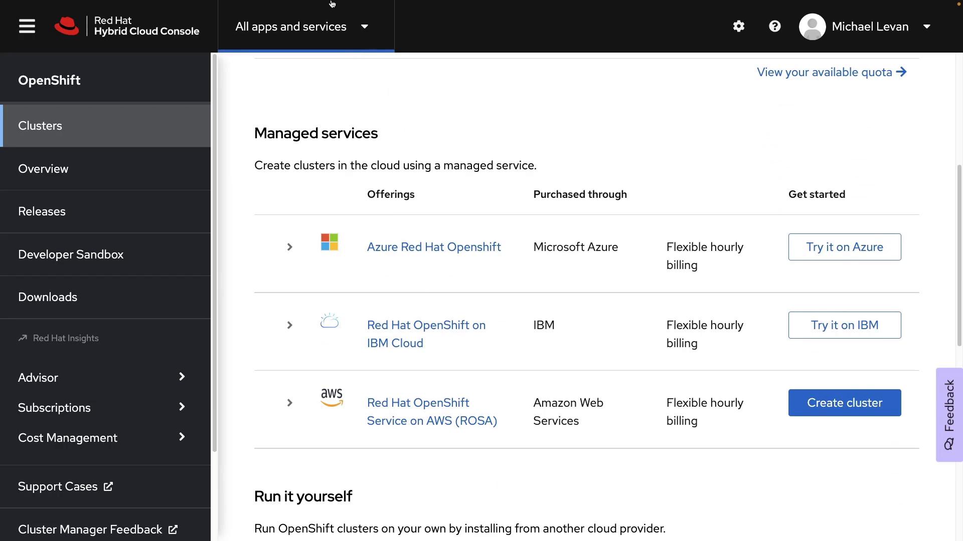 A screenshot of the Red Hat Hybrid Cloud Console showing the OpenShift "Managed services" page with listings for creating clusters on Azure, IBM Cloud, and AWS. A left navigation menu and buttons to "Try it" or "Create cluster" are also visible.
